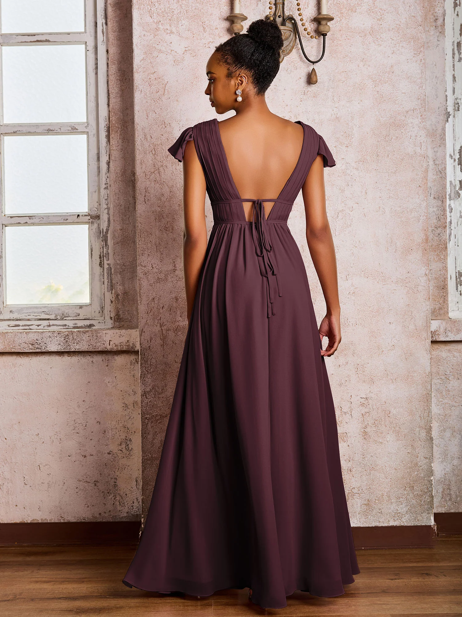 Flutter Sleeves Plunging V-neck Pleated A-line Dresses with Belt Cabernet - Image 2