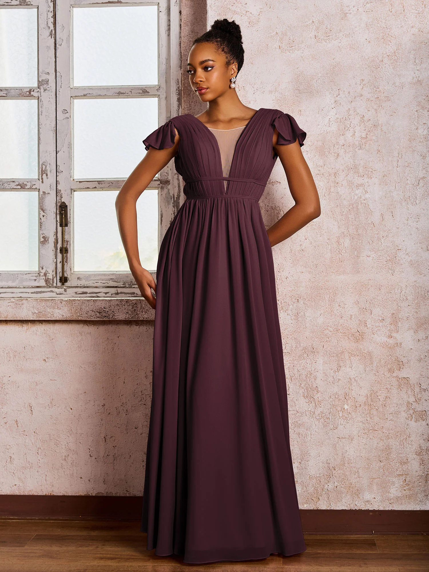 Flutter Sleeves Plunging V-neck Pleated A-line Dresses with Belt Cabernet - Image 3