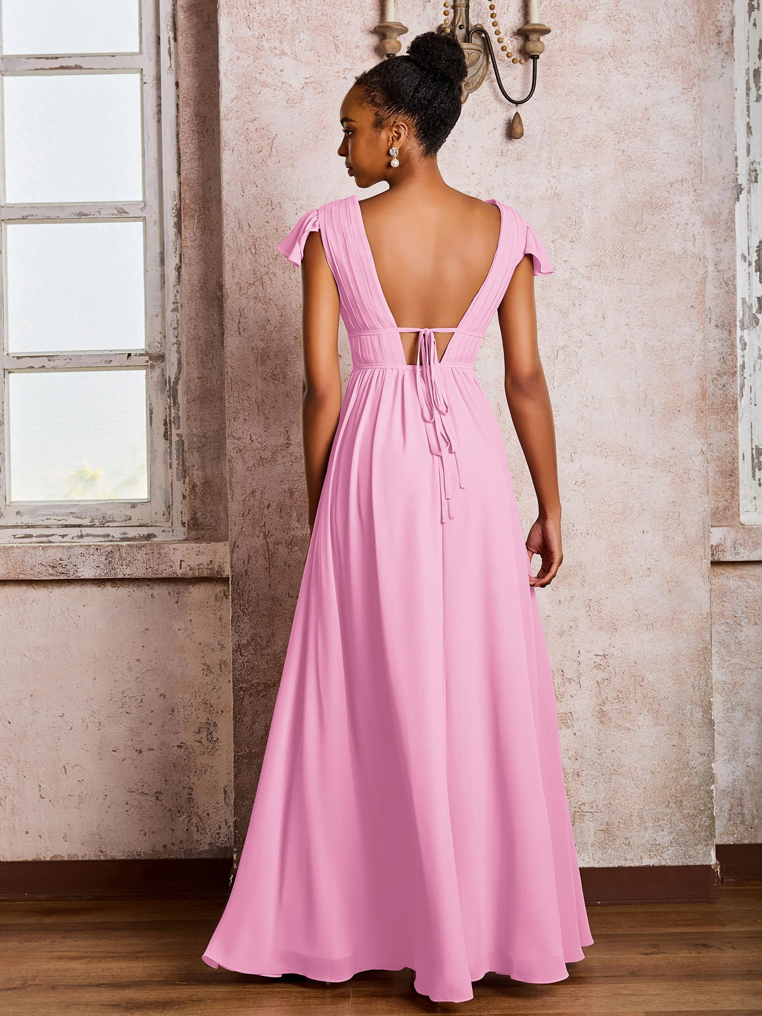 Flutter Sleeves Plunging V-neck Pleated A-line Dresses with Belt Candy Pink - Image 2