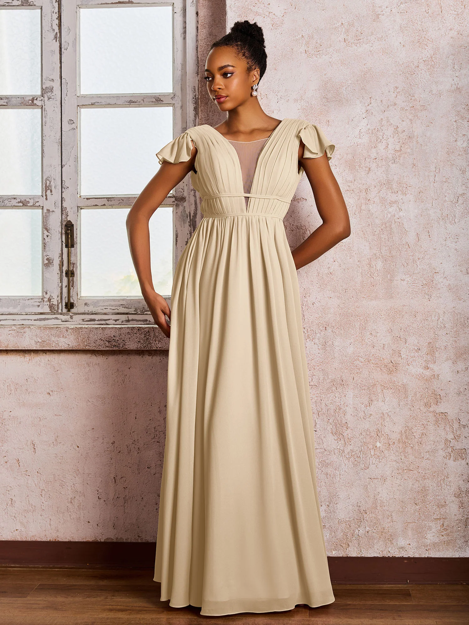 Flutter Sleeves Plunging V-neck Pleated A-line Dresses with Belt Champagne - Image 3