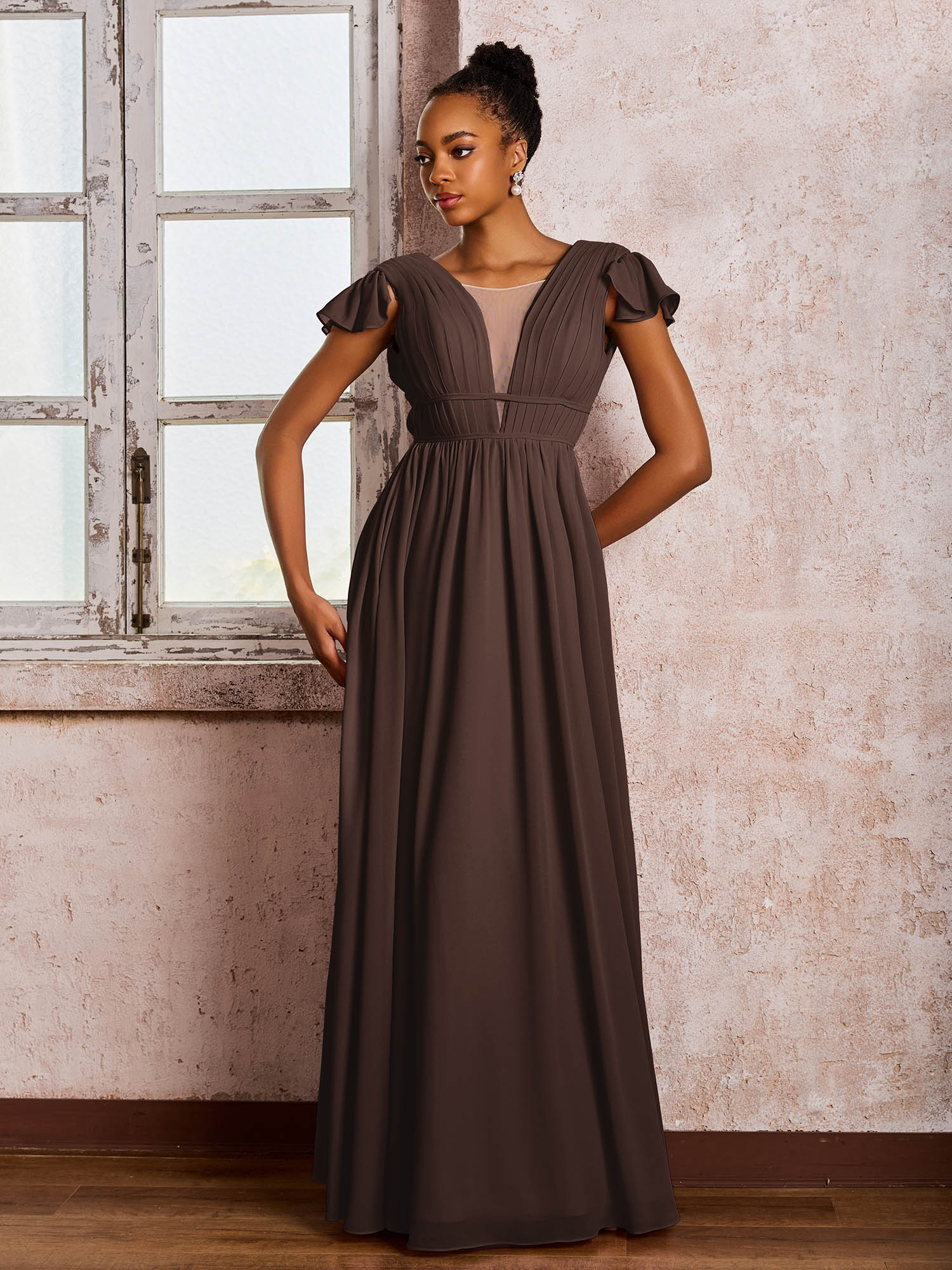 Flutter Sleeves Plunging V-neck Pleated A-line Dresses with Belt Chocolate - Image 3