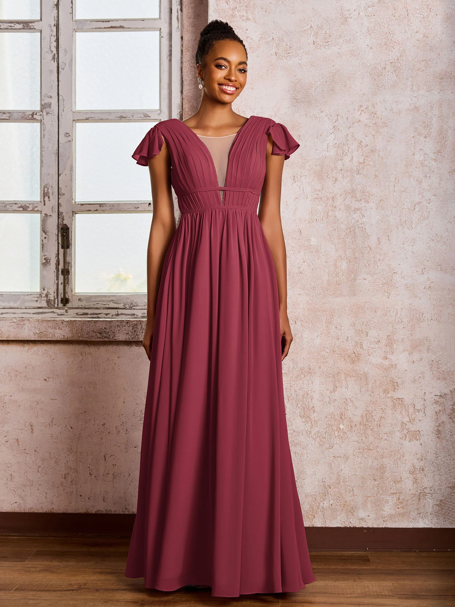 Flutter Sleeves Plunging V-neck Pleated A-line Dresses with Belt Cinnamon Rose