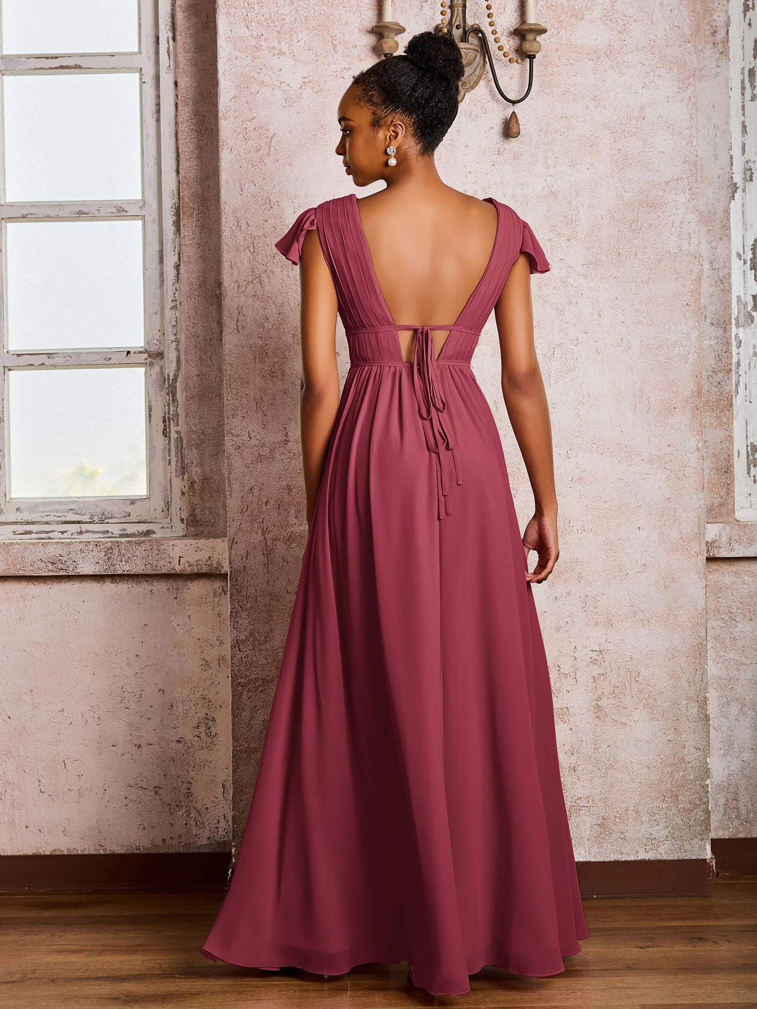 Flutter Sleeves Plunging V-neck Pleated A-line Dresses with Belt Cinnamon Rose - Image 2