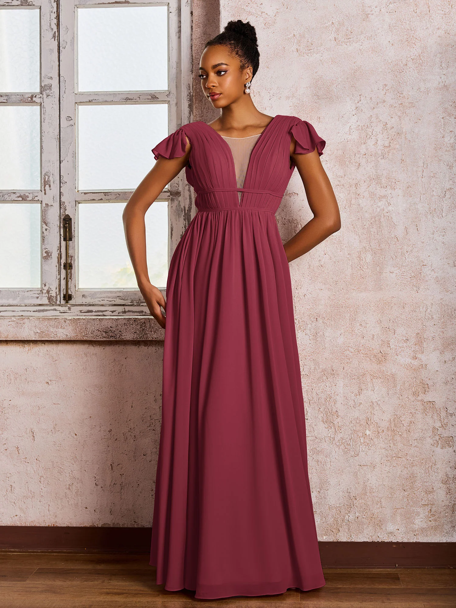 Flutter Sleeves Plunging V-neck Pleated A-line Dresses with Belt Cinnamon Rose - Image 3