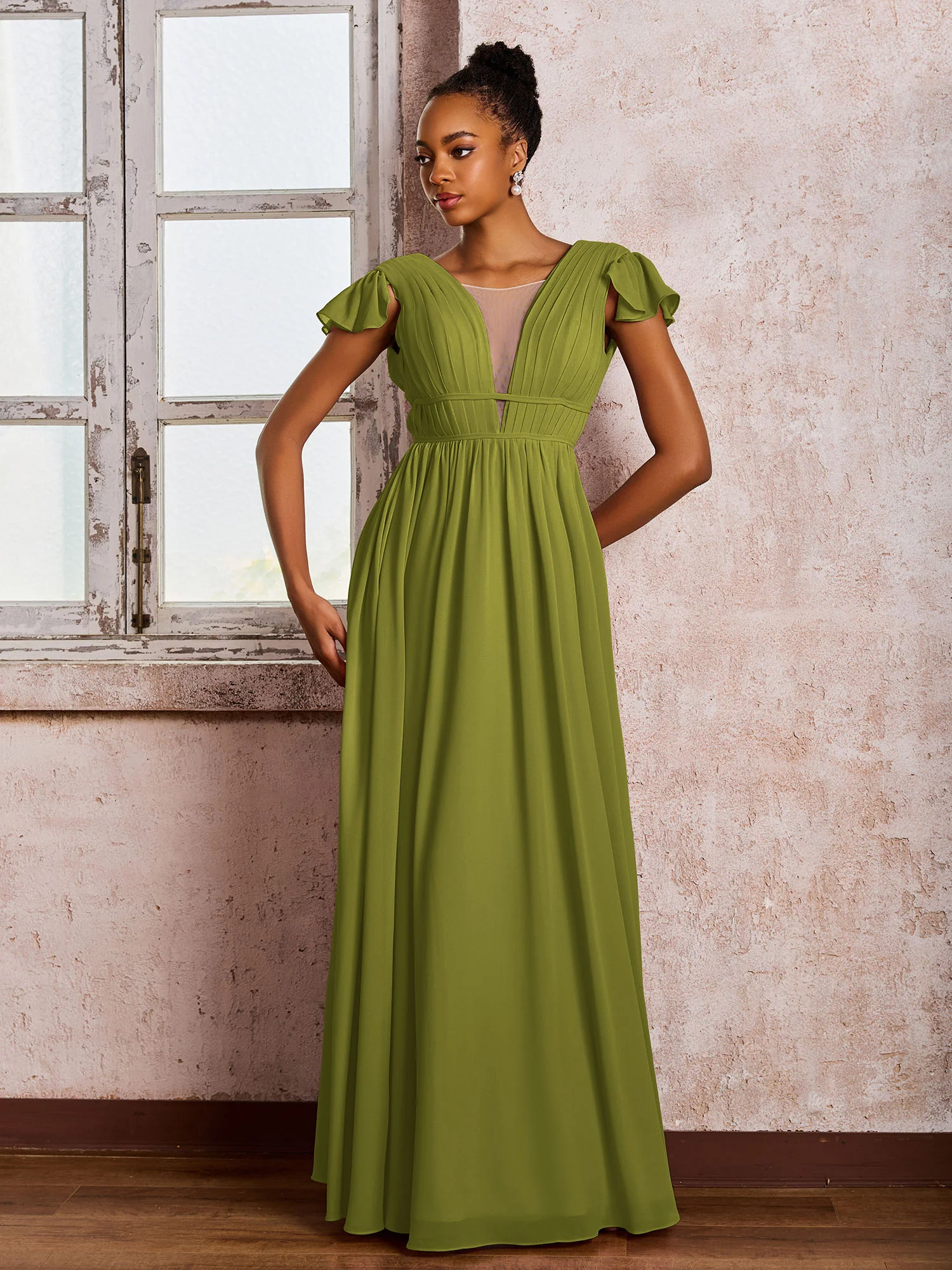 Flutter Sleeves Plunging V-neck Pleated A-line Dresses with Belt Clover - Image 3