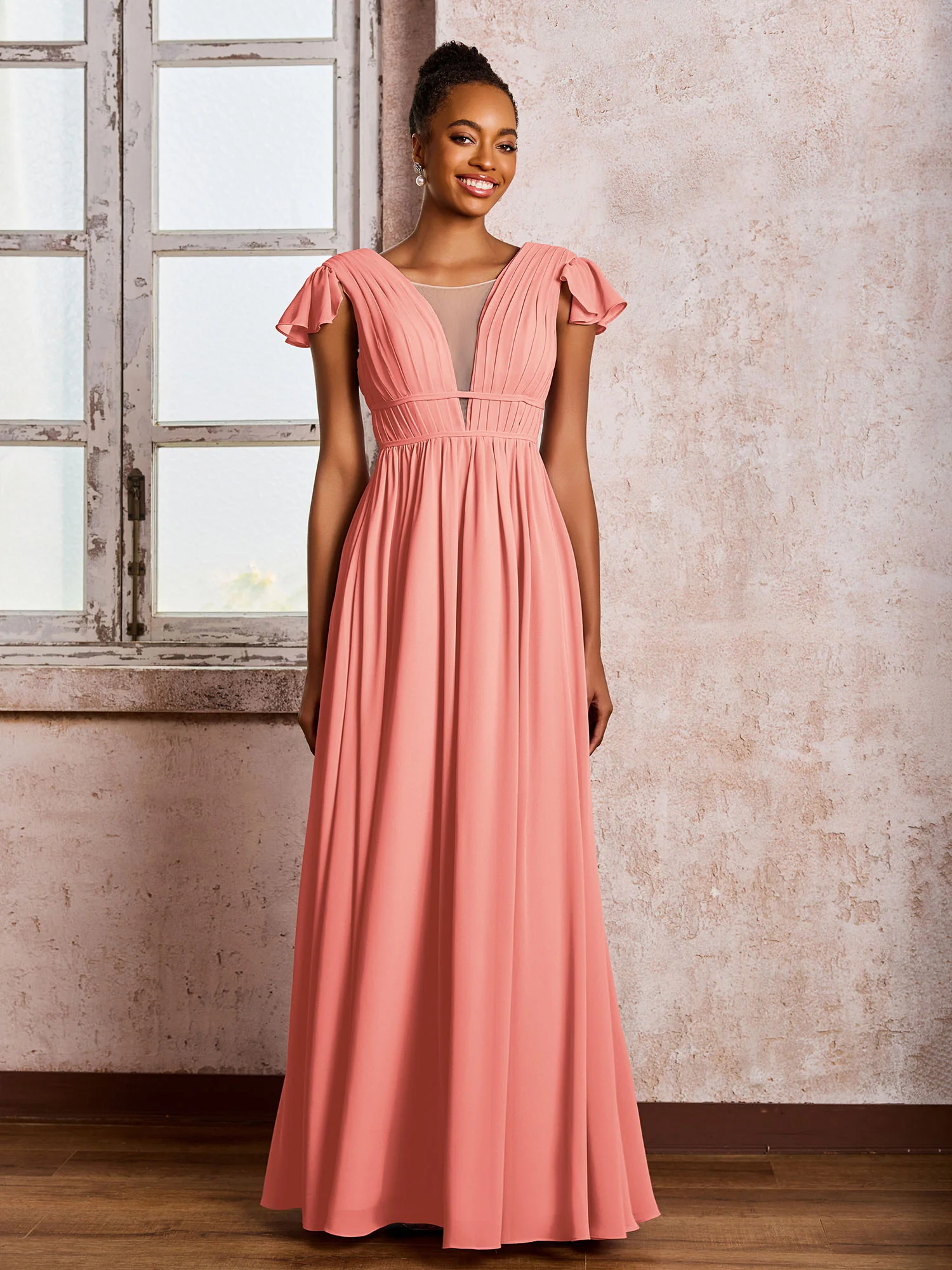 Flutter Sleeves Plunging V-neck Pleated A-line Dresses with Belt Coral
