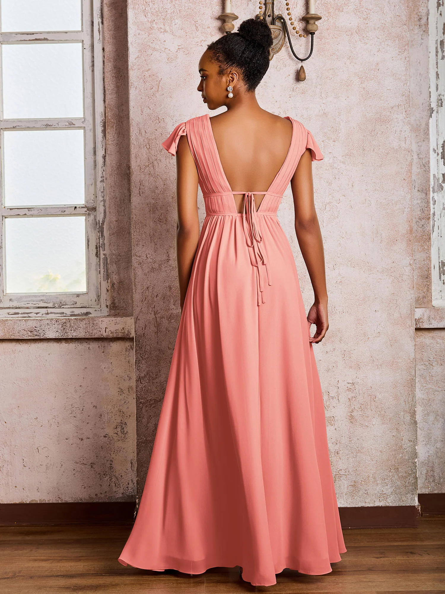 Flutter Sleeves Plunging V-neck Pleated A-line Dresses with Belt Coral - Image 2