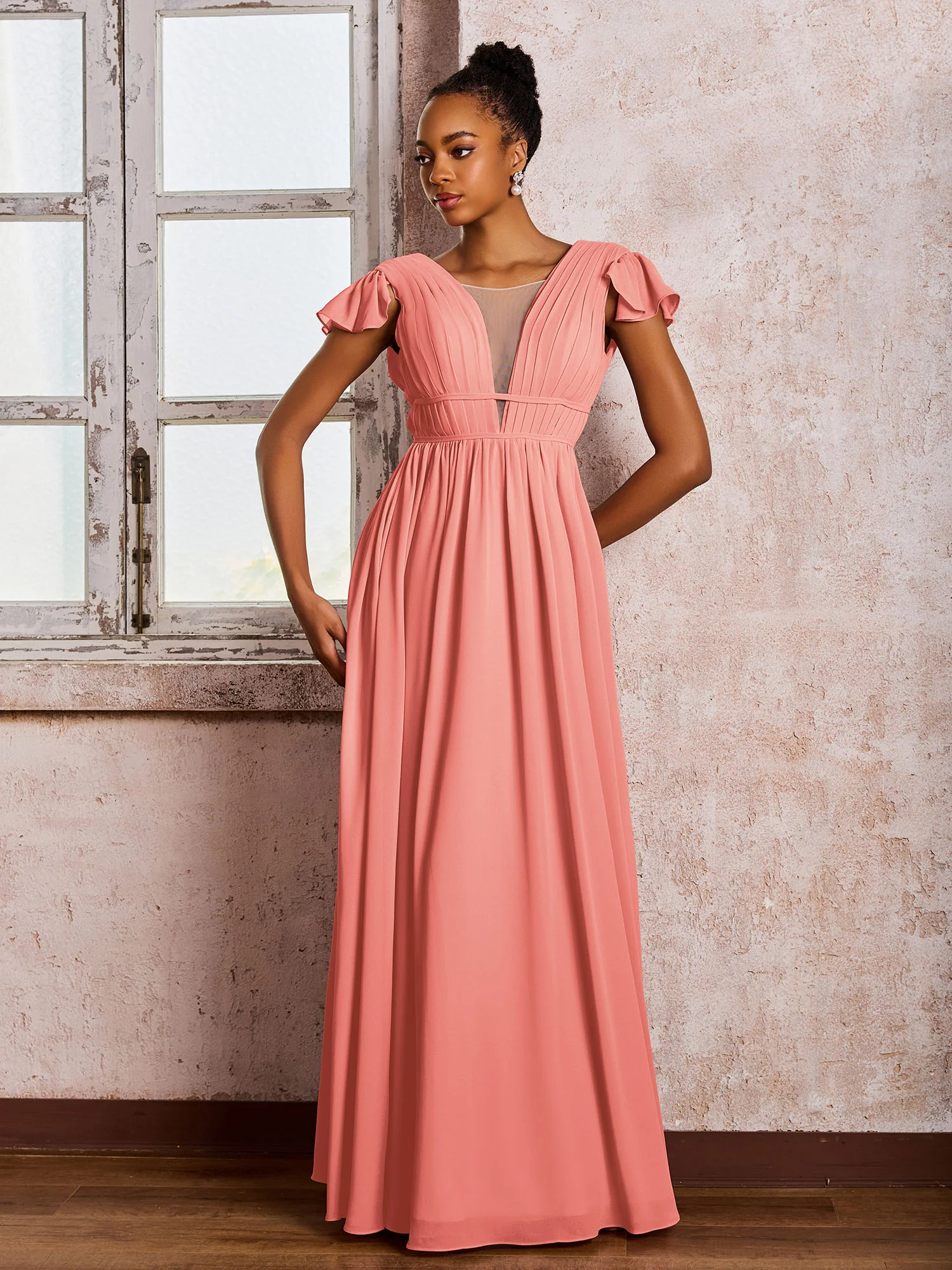 Flutter Sleeves Plunging V-neck Pleated A-line Dresses with Belt Coral - Image 3
