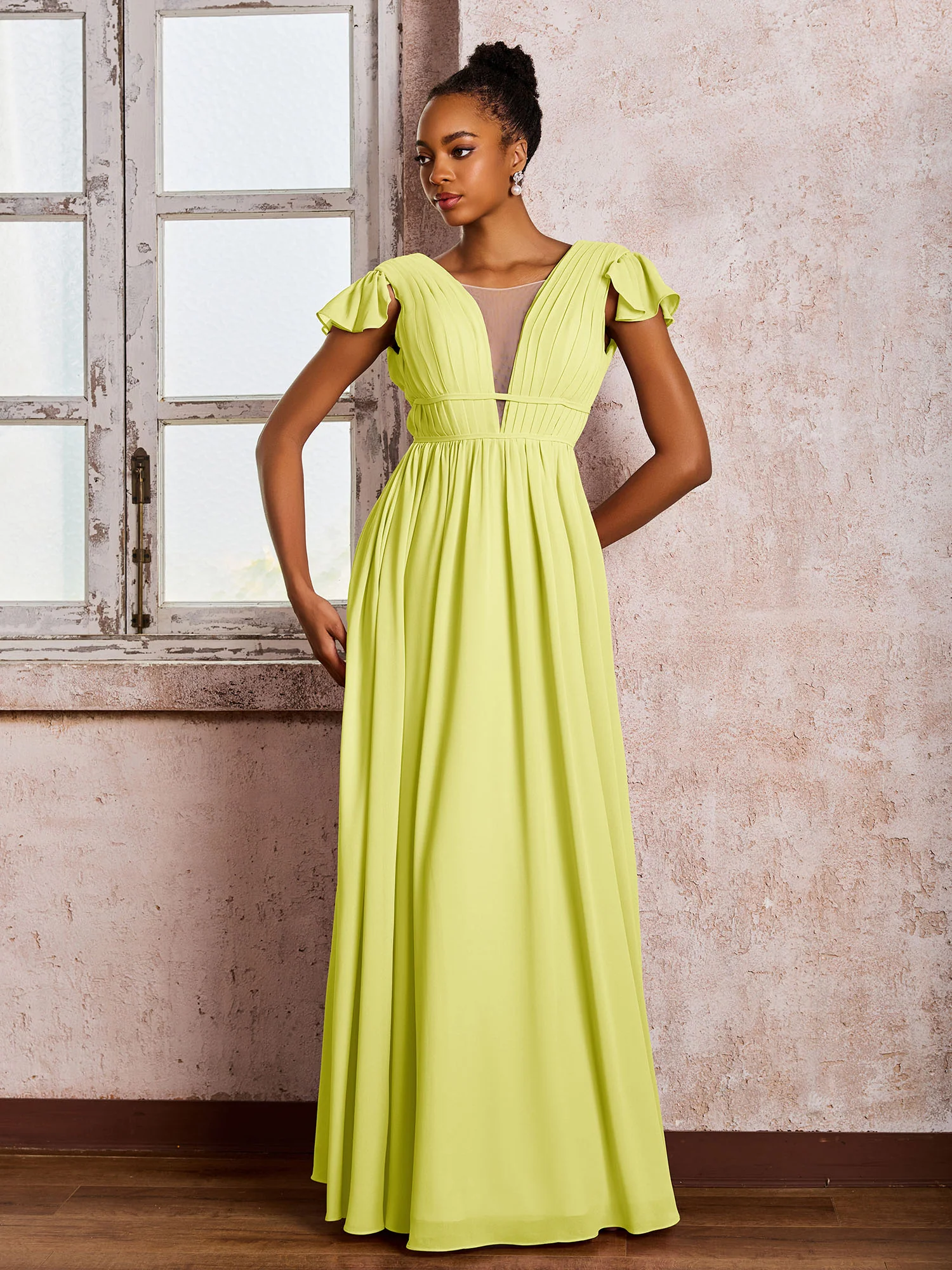Flutter Sleeves Plunging V-neck Pleated A-line Dresses with Belt Daffodil - Image 3