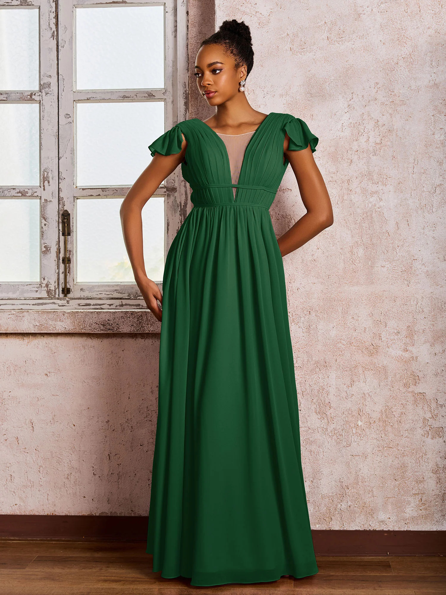 Flutter Sleeves Plunging V-neck Pleated A-line Dresses with Belt Dark Green - Image 3