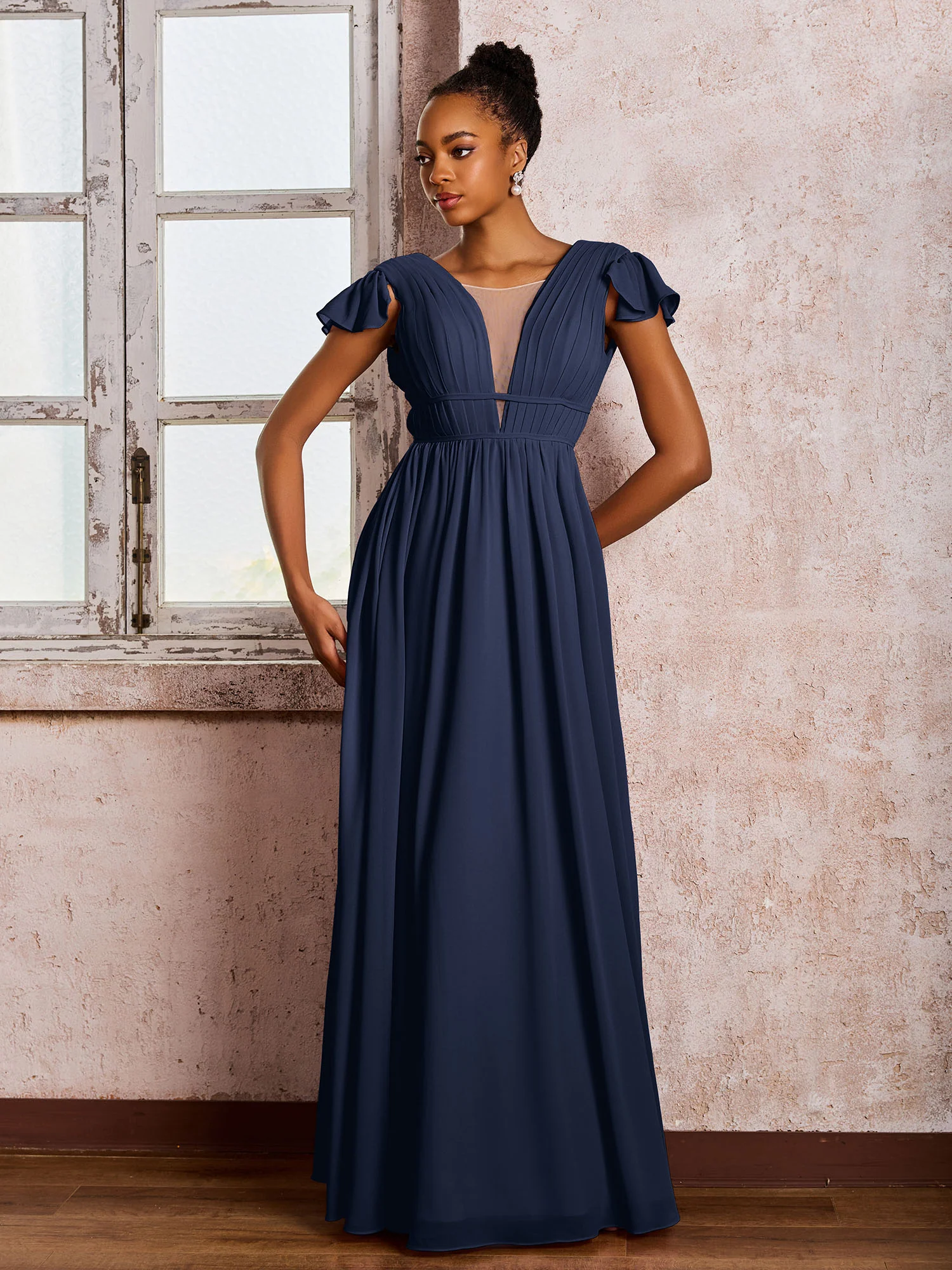 Flutter Sleeves Plunging V-neck Pleated A-line Dresses with Belt Dark Navy - Image 3