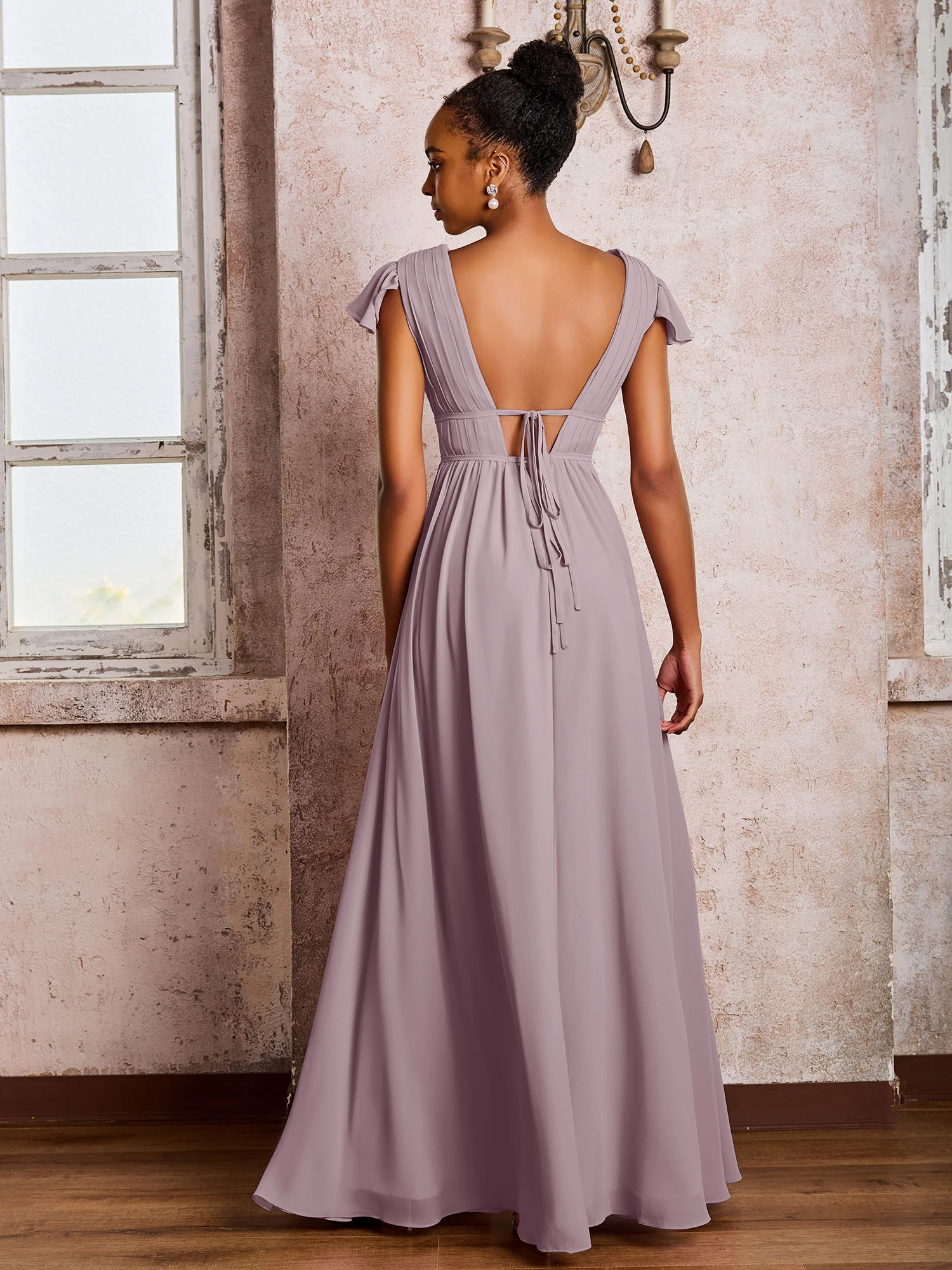 Flutter Sleeves Plunging V-neck Pleated A-line Dresses with Belt Dusk - Image 2