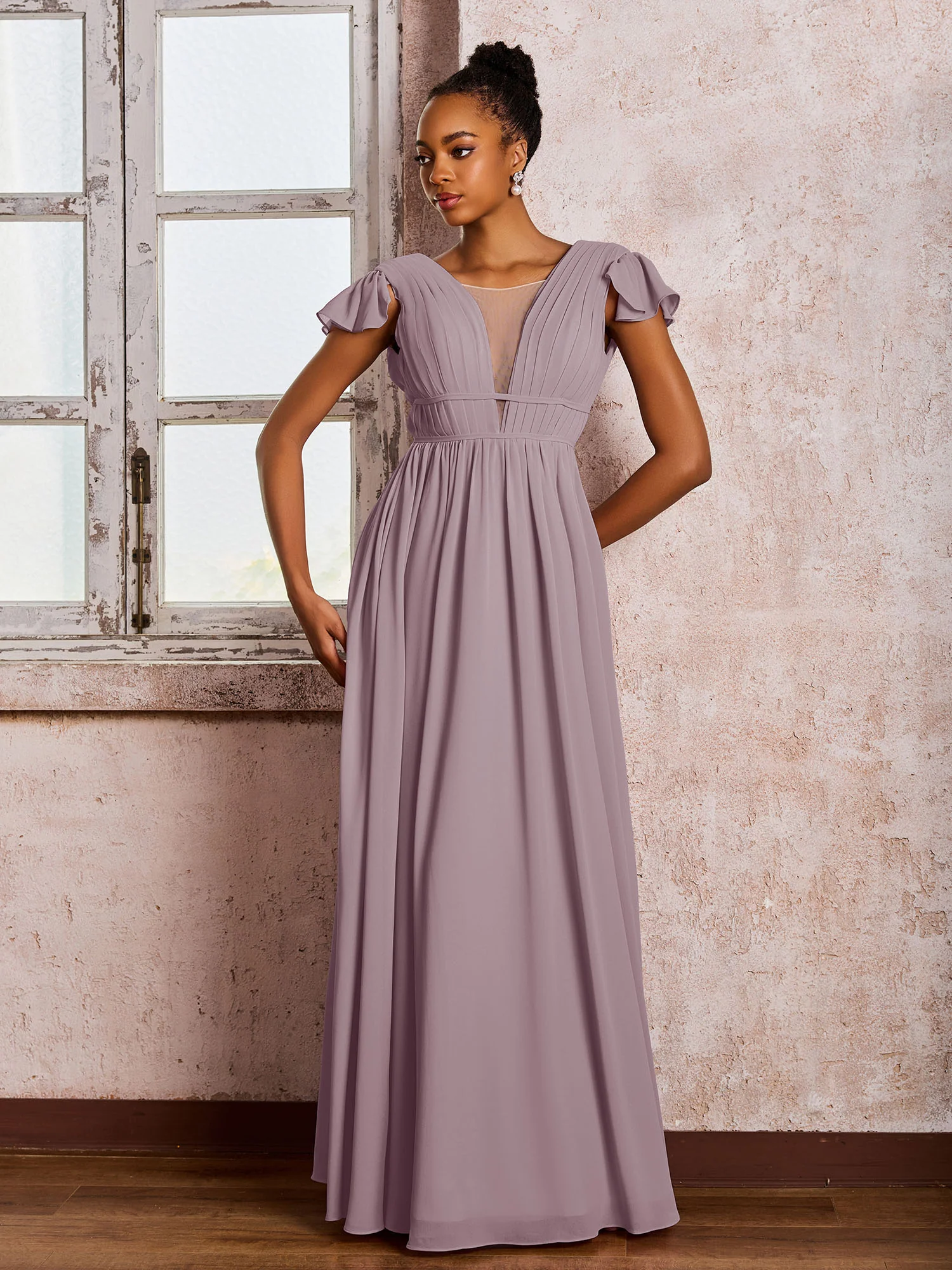 Flutter Sleeves Plunging V-neck Pleated A-line Dresses with Belt Dusk - Image 3