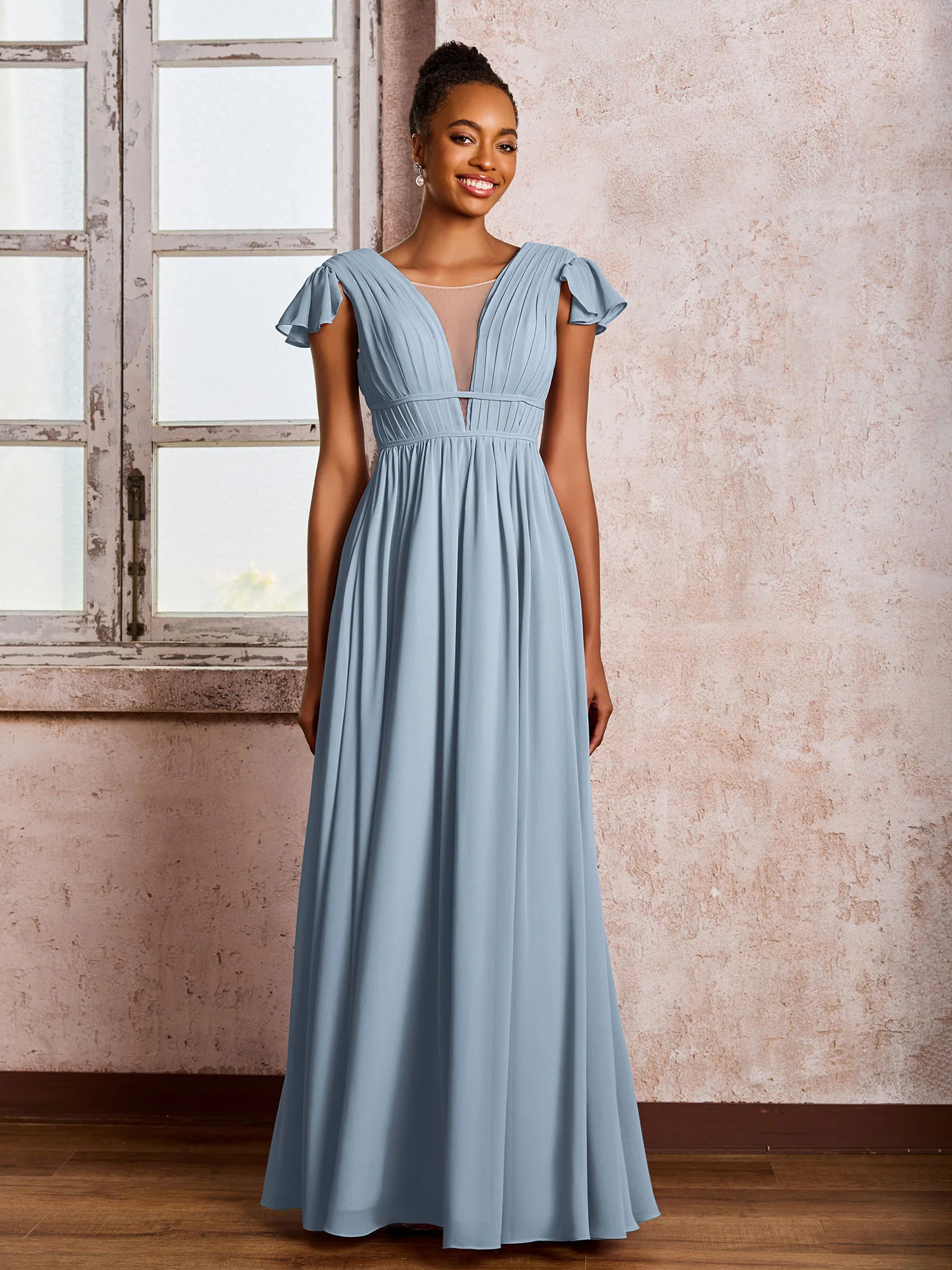 Flutter Sleeves Plunging V-neck Pleated A-line Dresses with Belt Dusty Blue