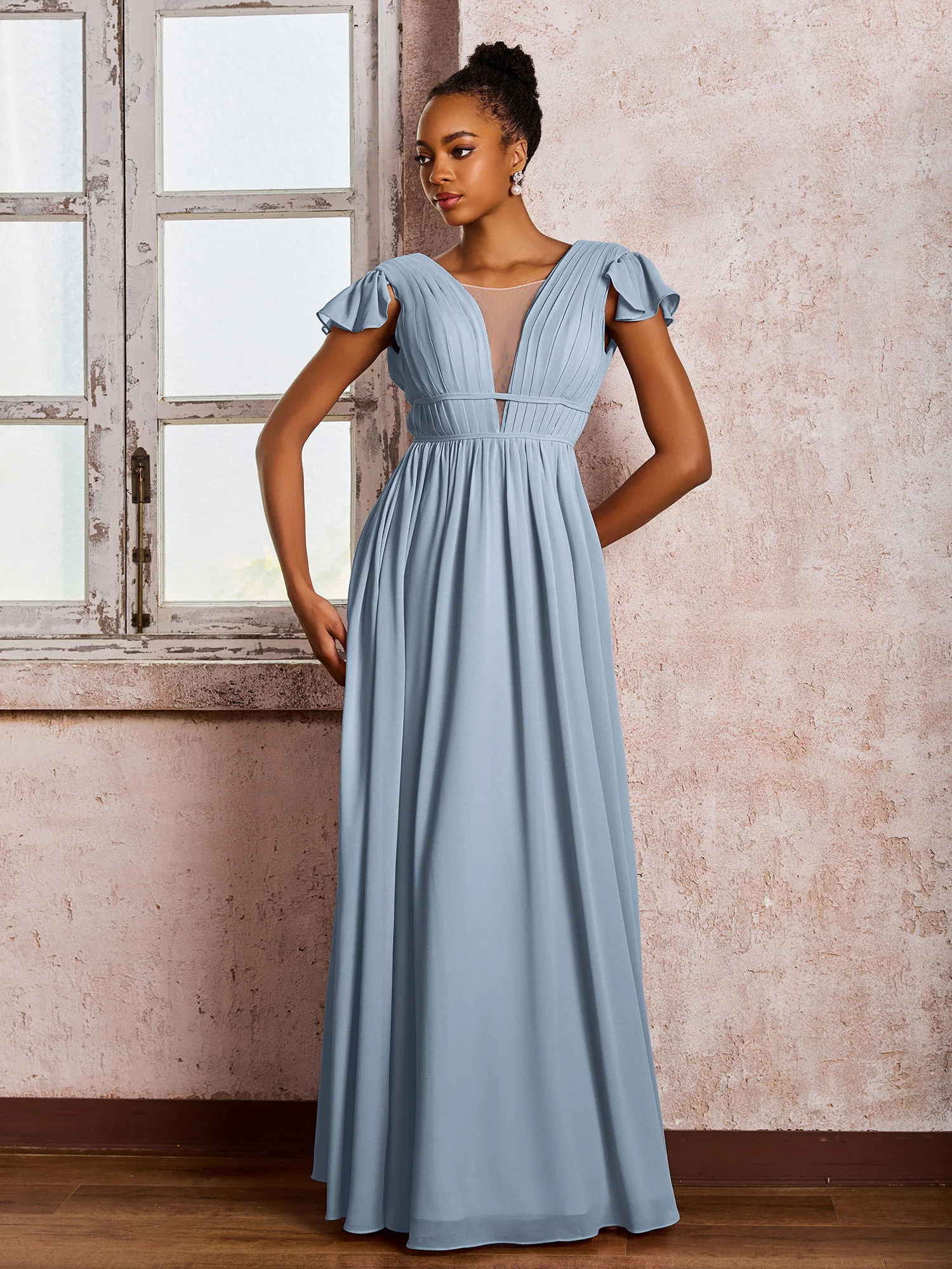 Flutter Sleeves Plunging V-neck Pleated A-line Dresses with Belt Dusty Blue - Image 3