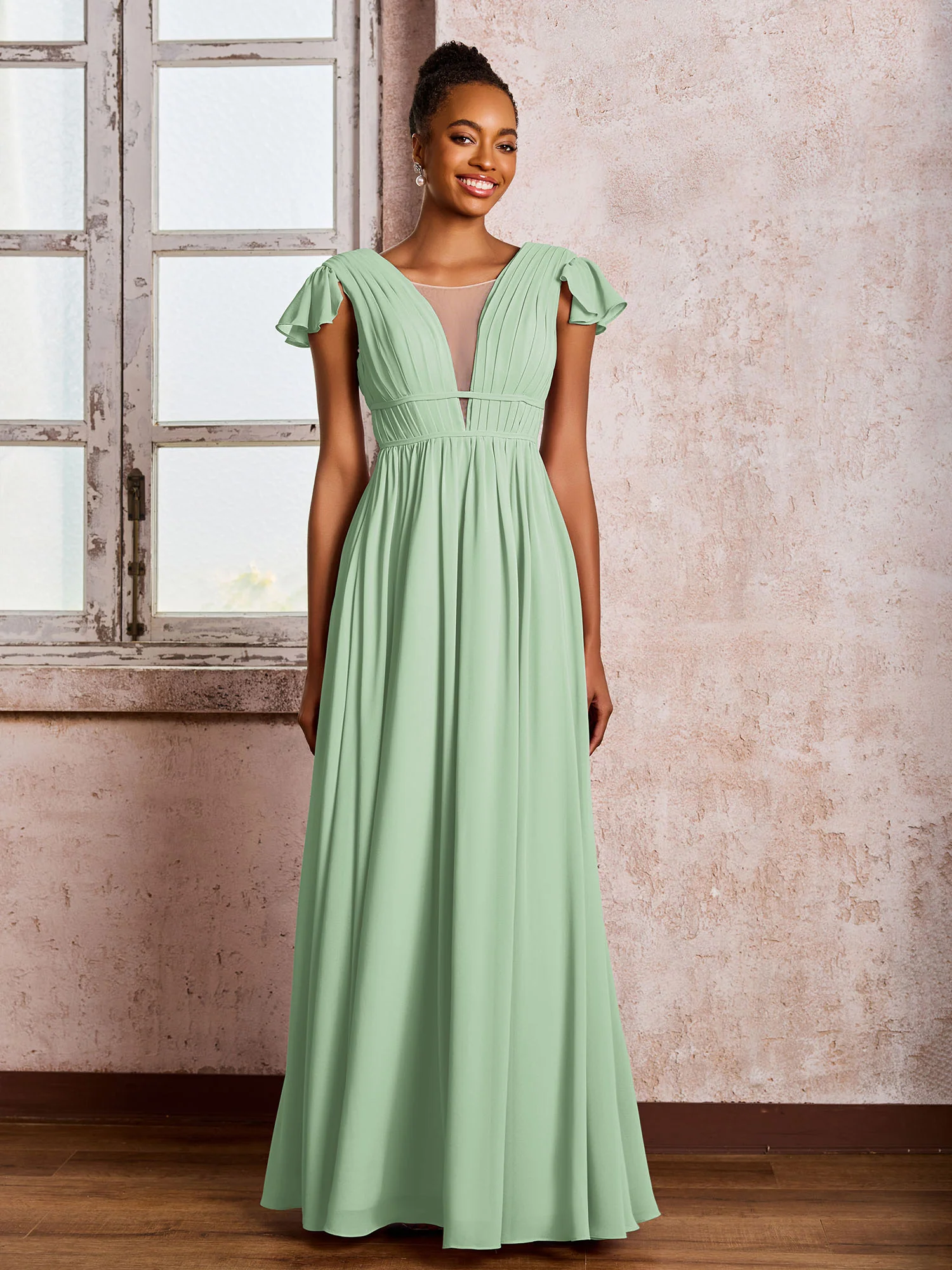 Flutter Sleeves Plunging V-neck Pleated A-line Dresses with Belt Dusty Sage