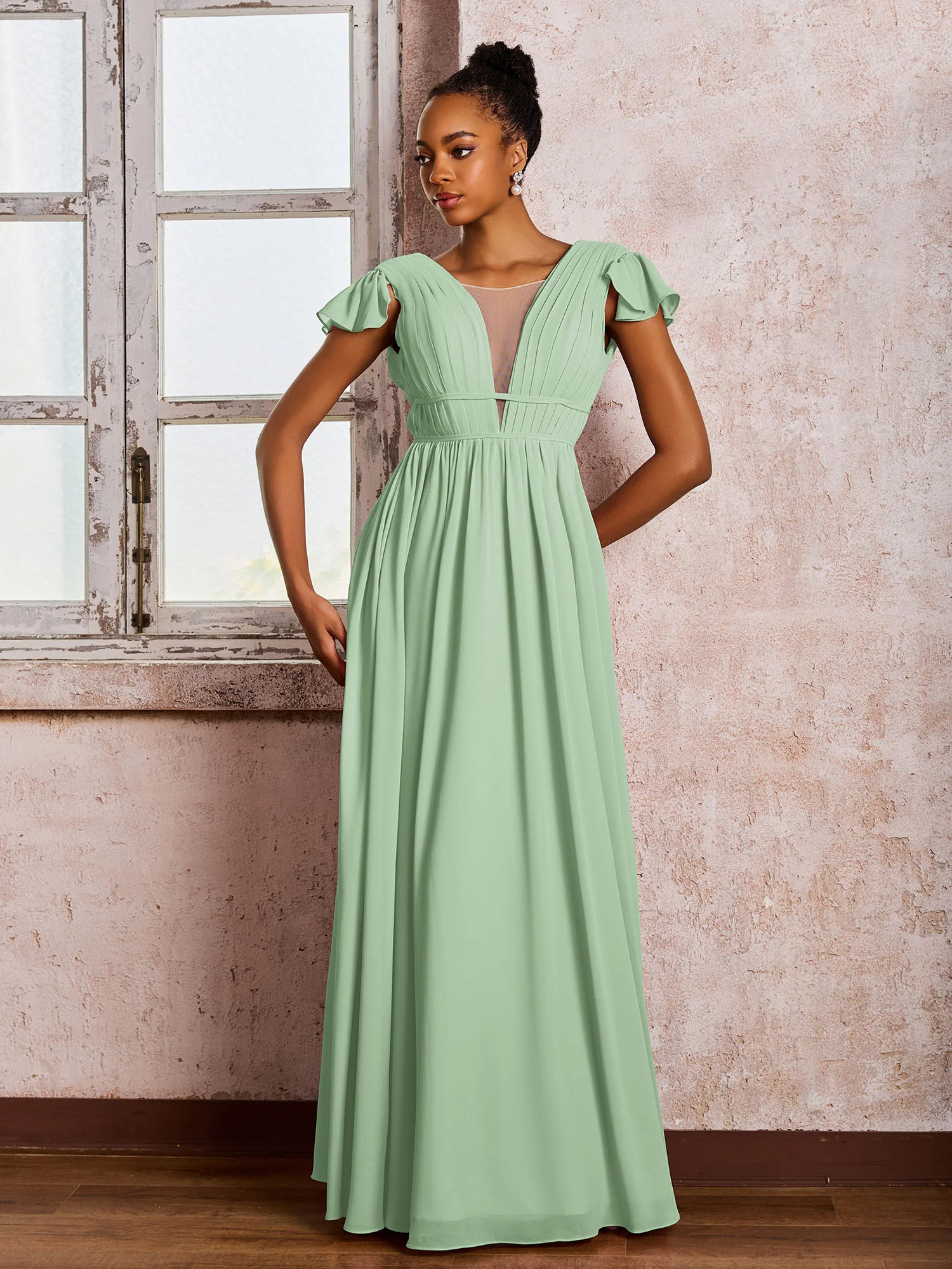 Flutter Sleeves Plunging V-neck Pleated A-line Dresses with Belt Dusty Sage - Image 3