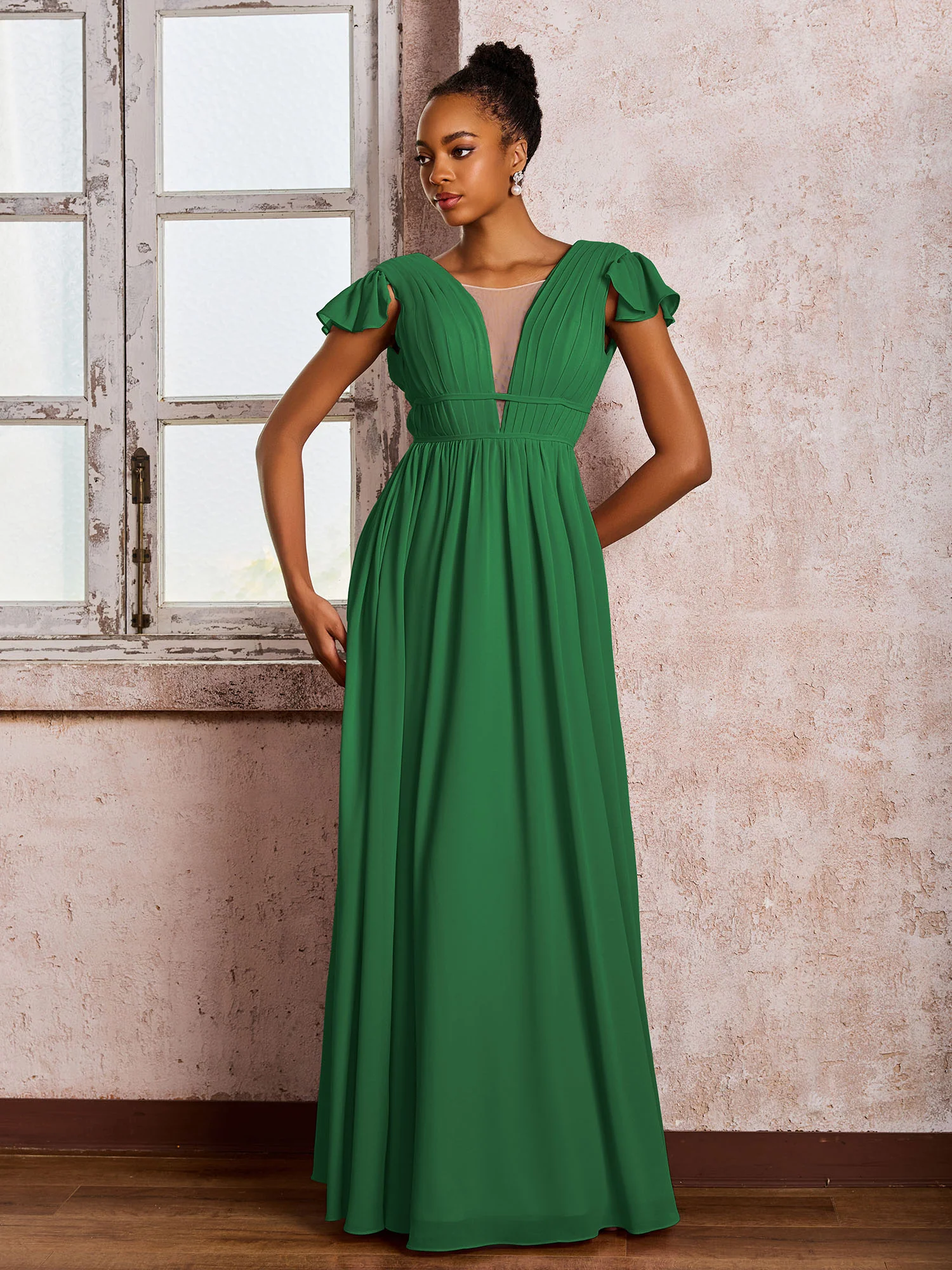 Flutter Sleeves Plunging V-neck Pleated A-line Dresses with Belt Emerald - Image 3