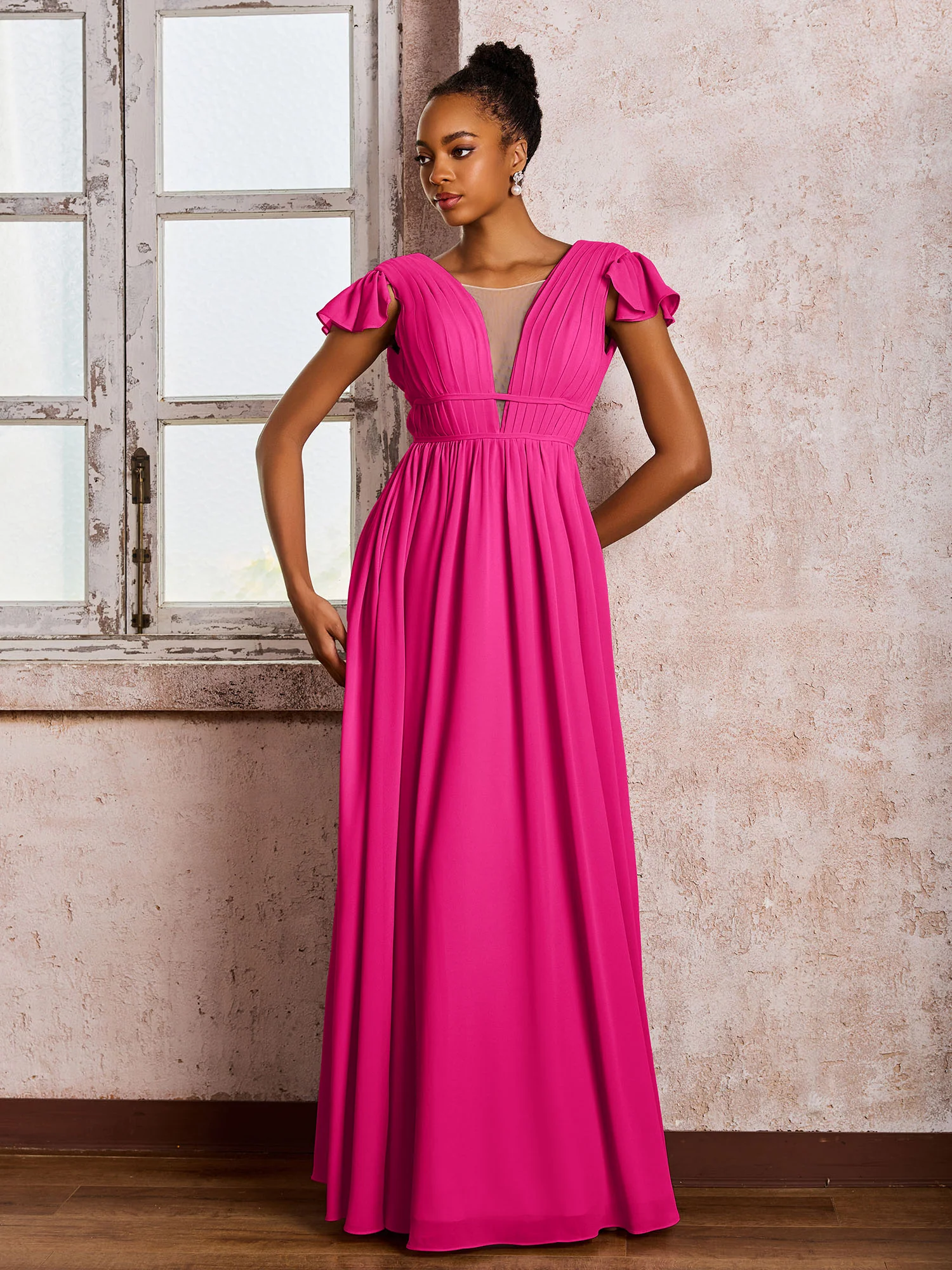Flutter Sleeves Plunging V-neck Pleated A-line Dresses with Belt Fuchsia - Image 3