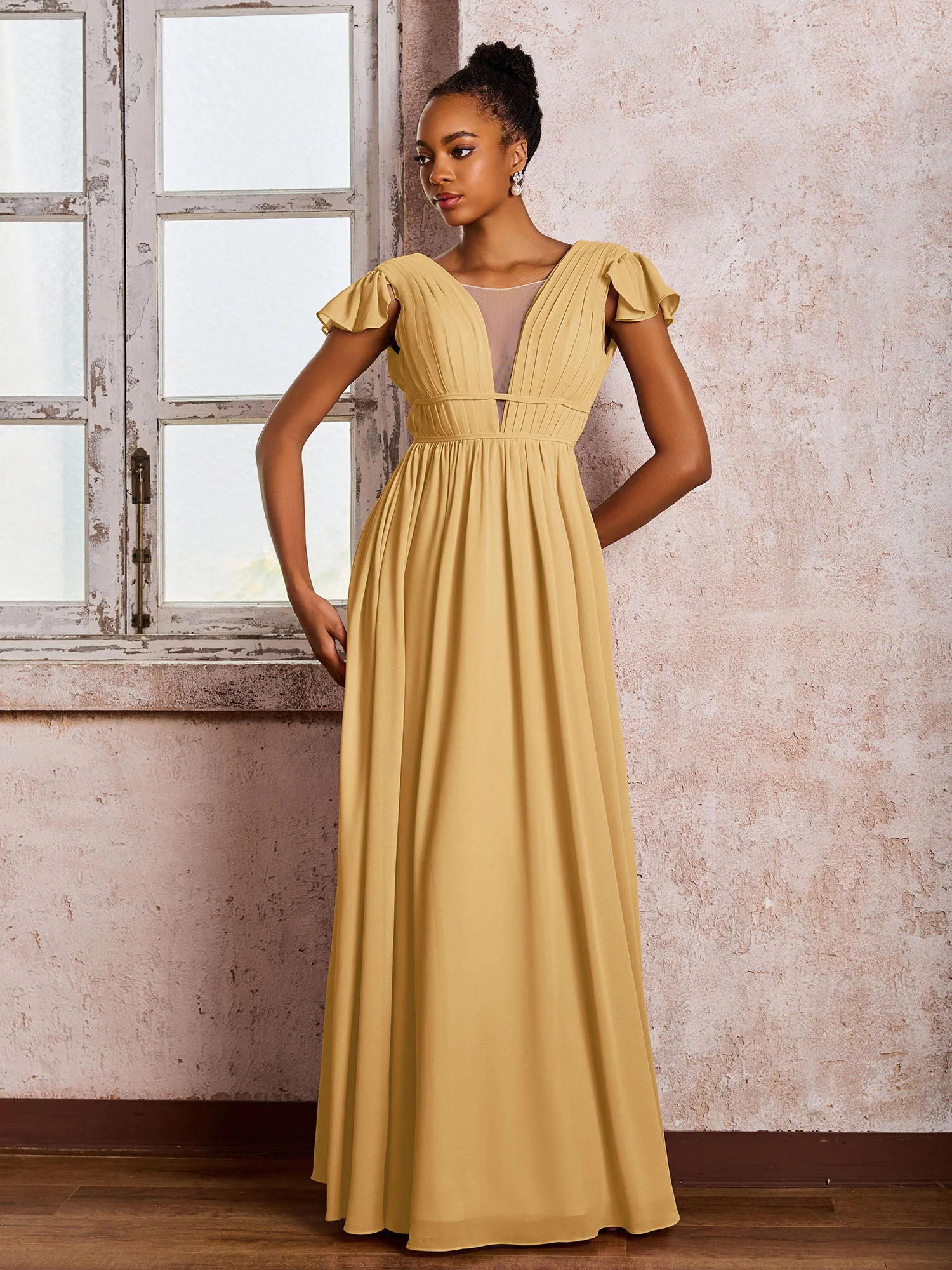 Flutter Sleeves Plunging V-neck Pleated A-line Dresses with Belt Gold - Image 3