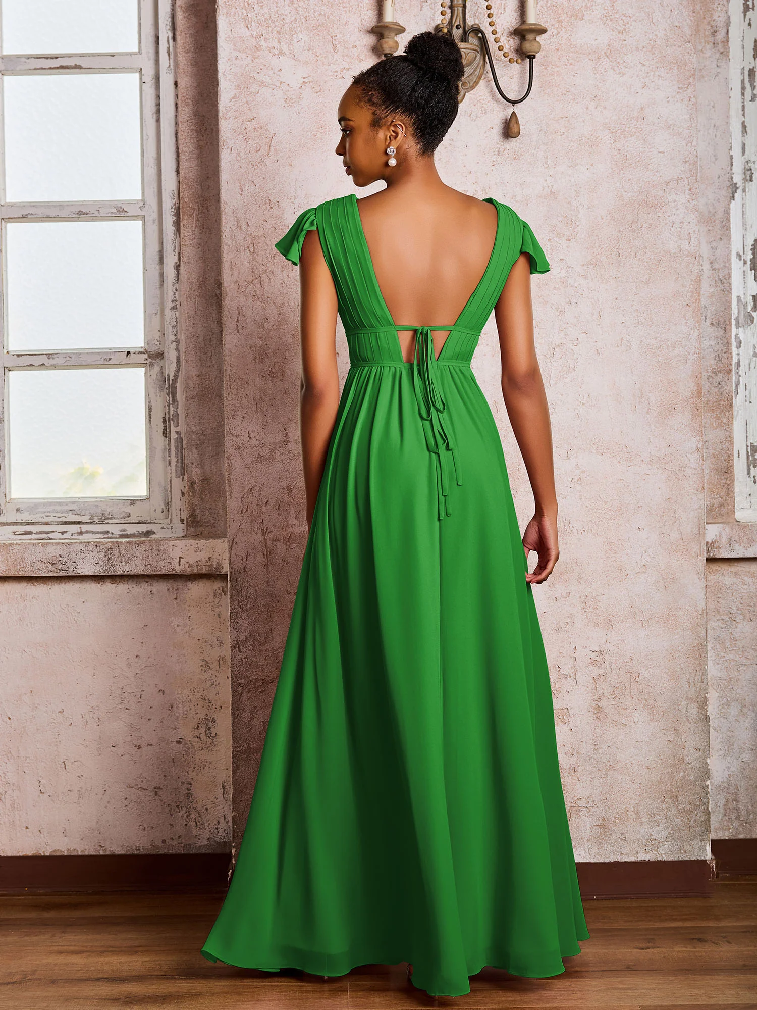 Flutter Sleeves Plunging V-neck Pleated A-line Dresses with Belt Green - Image 2
