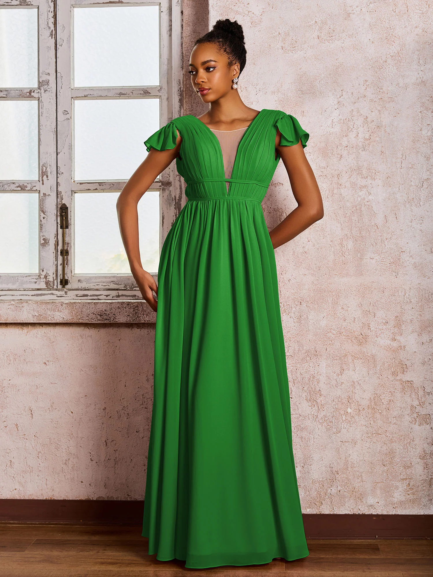 Flutter Sleeves Plunging V-neck Pleated A-line Dresses with Belt Green - Image 3