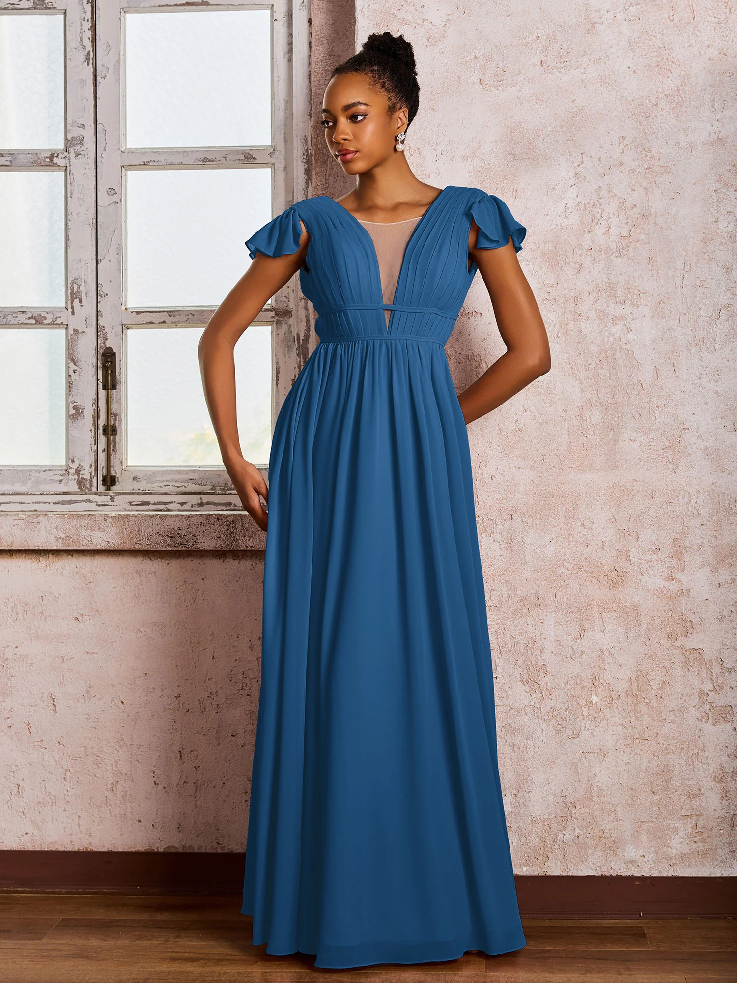 Flutter Sleeves Plunging V-neck Pleated A-line Dresses with Belt Ink Blue - Image 3
