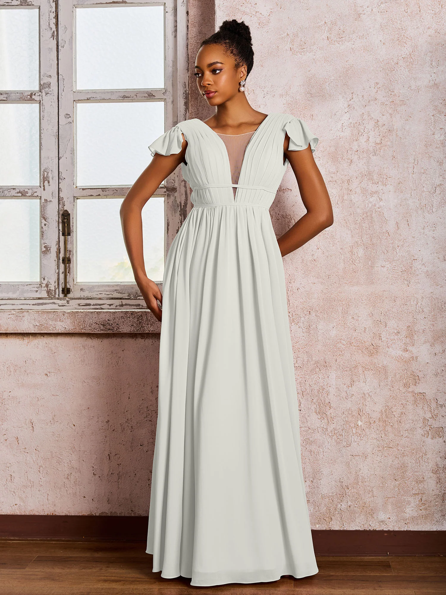Flutter Sleeves Plunging V-neck Pleated A-line Dresses with Belt Ivory - Image 3