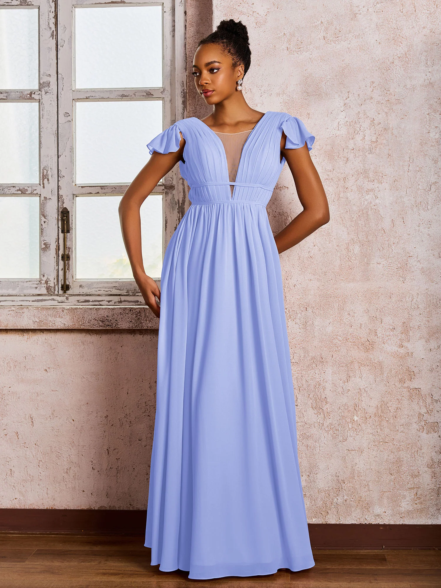 Flutter Sleeves Plunging V-neck Pleated A-line Dresses with Belt Lavender - Image 3