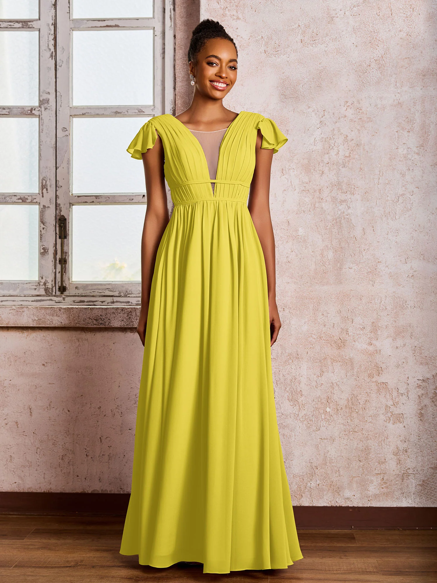 Flutter Sleeves Plunging V-neck Pleated A-line Dresses with Belt Lemon