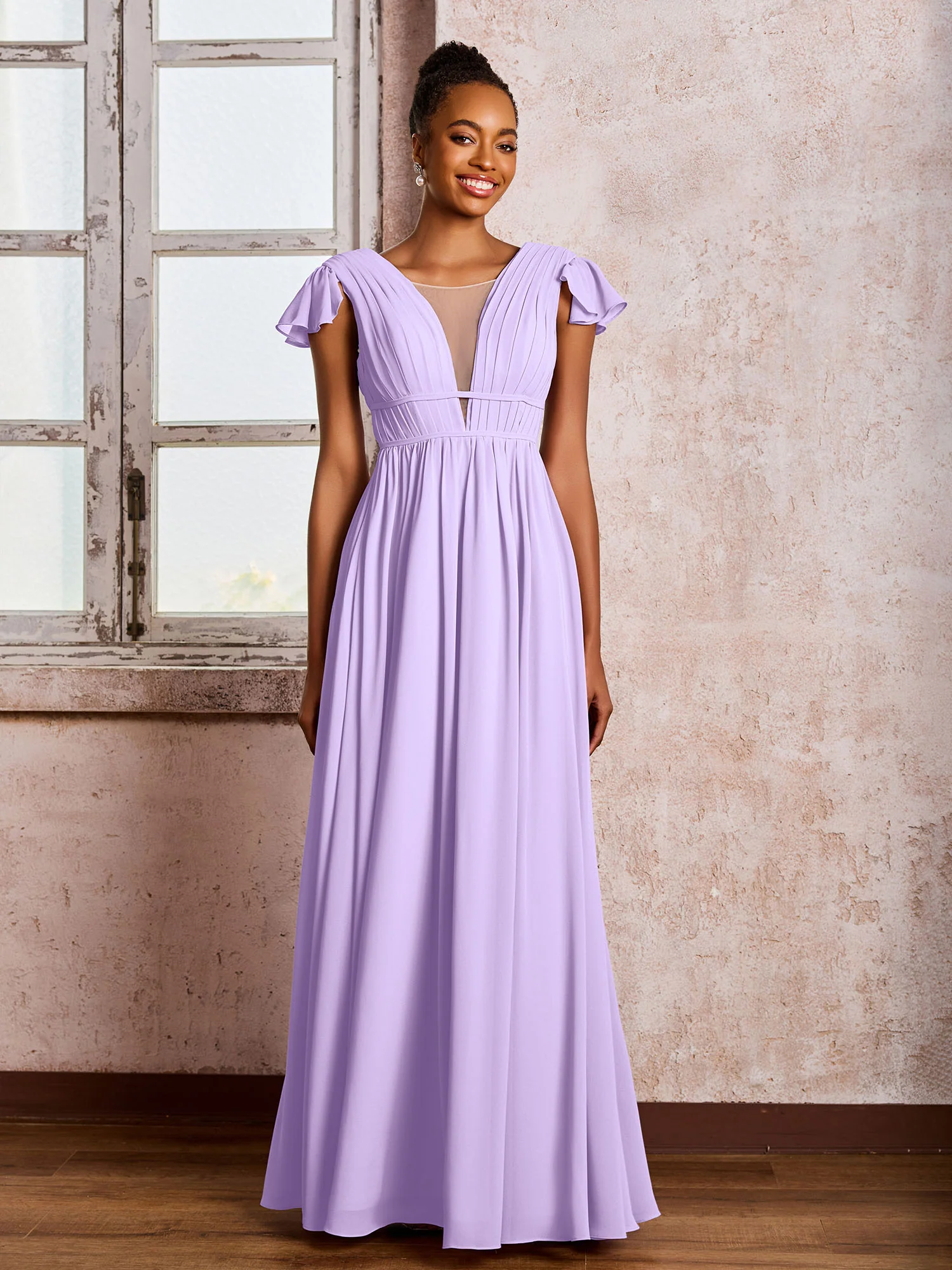 Flutter Sleeves Plunging V-neck Pleated A-line Dresses with Belt Lilac