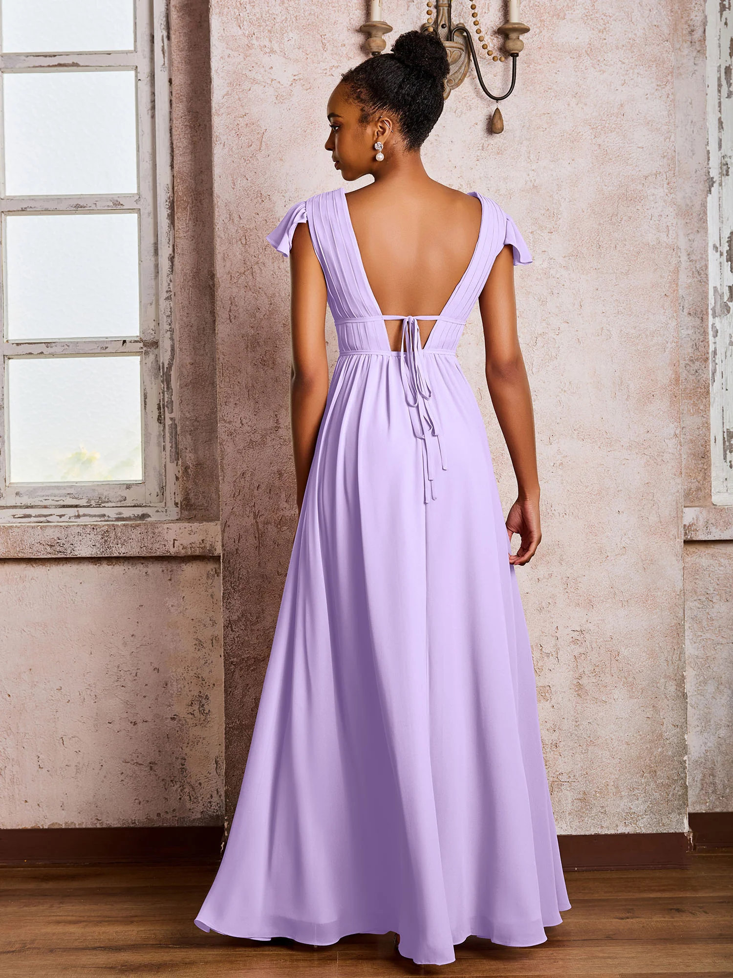 Flutter Sleeves Plunging V-neck Pleated A-line Dresses with Belt Lilac - Image 2