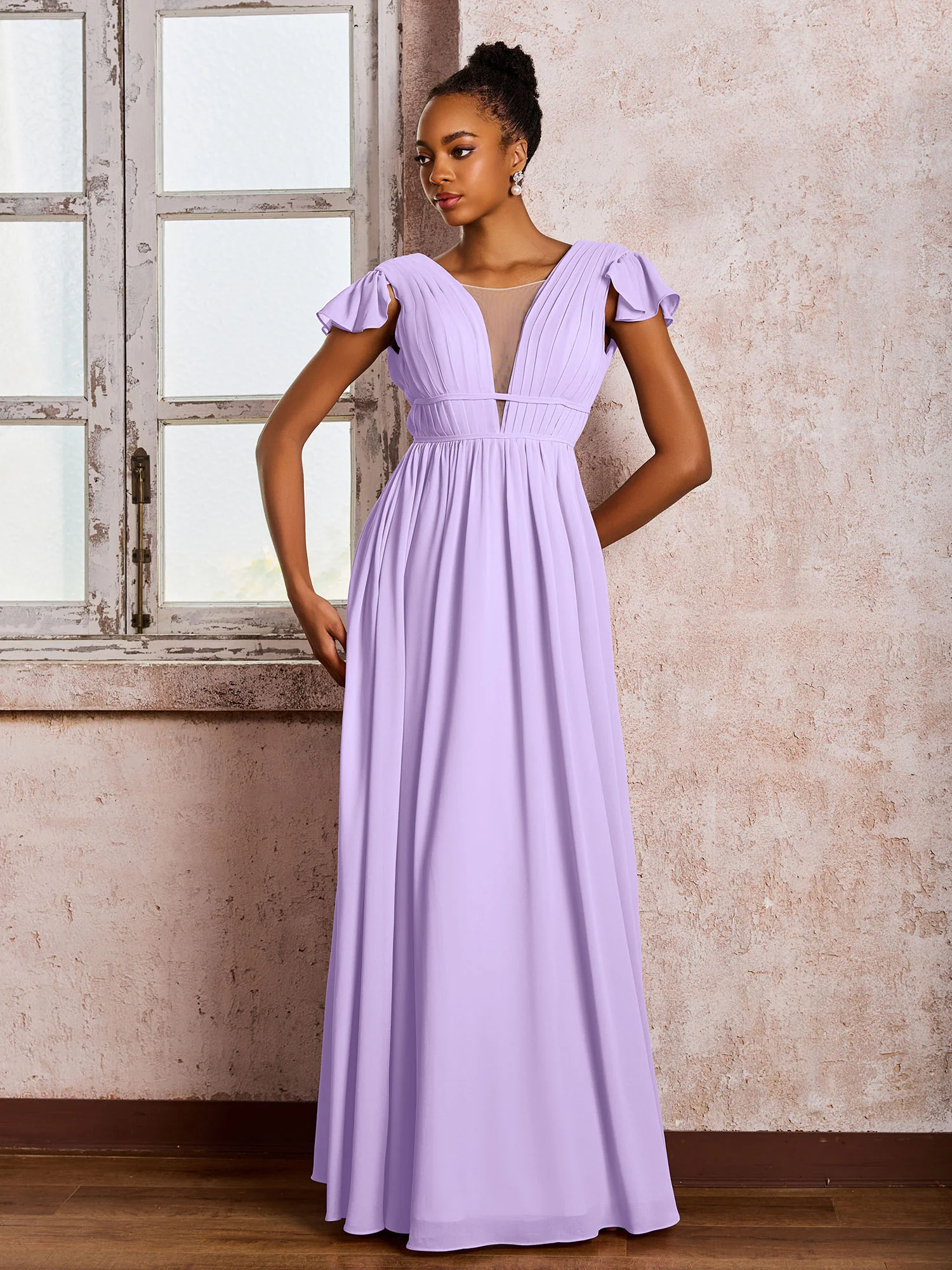 Flutter Sleeves Plunging V-neck Pleated A-line Dresses with Belt Lilac - Image 3