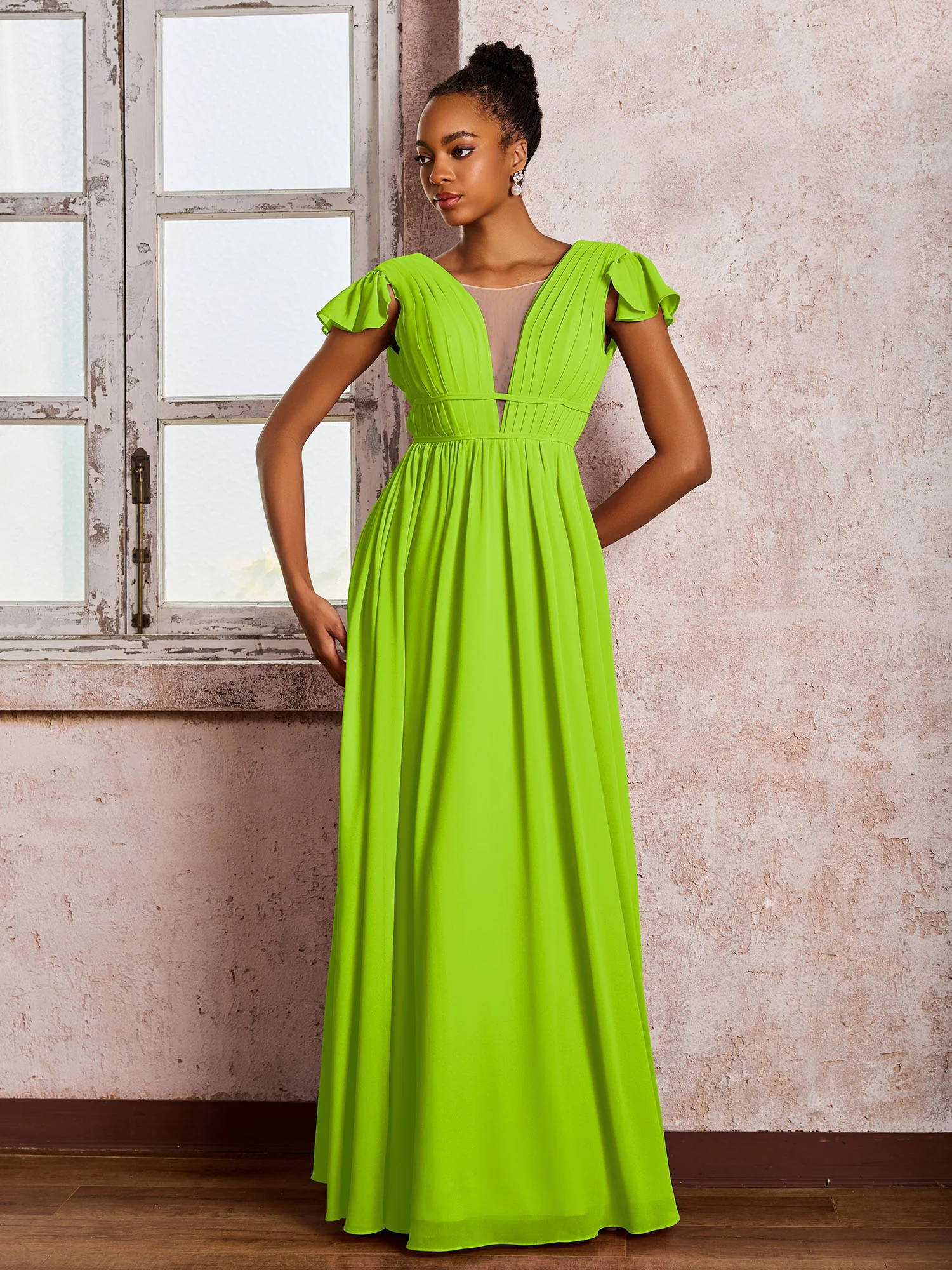 Flutter Sleeves Plunging V-neck Pleated A-line Dresses with Belt Lime Green - Image 3