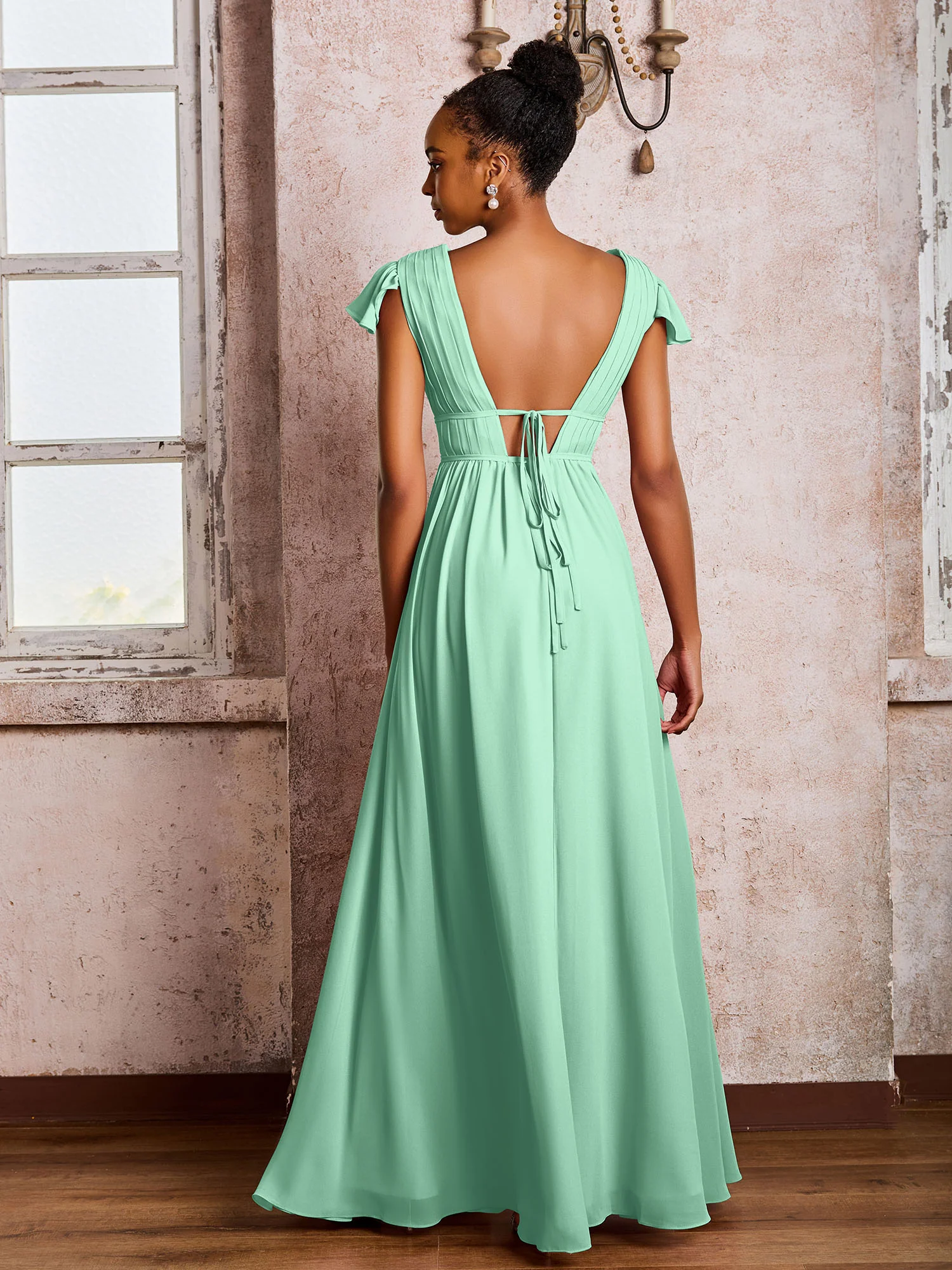 Flutter Sleeves Plunging V-neck Pleated A-line Dresses with Belt Mint Green - Image 2