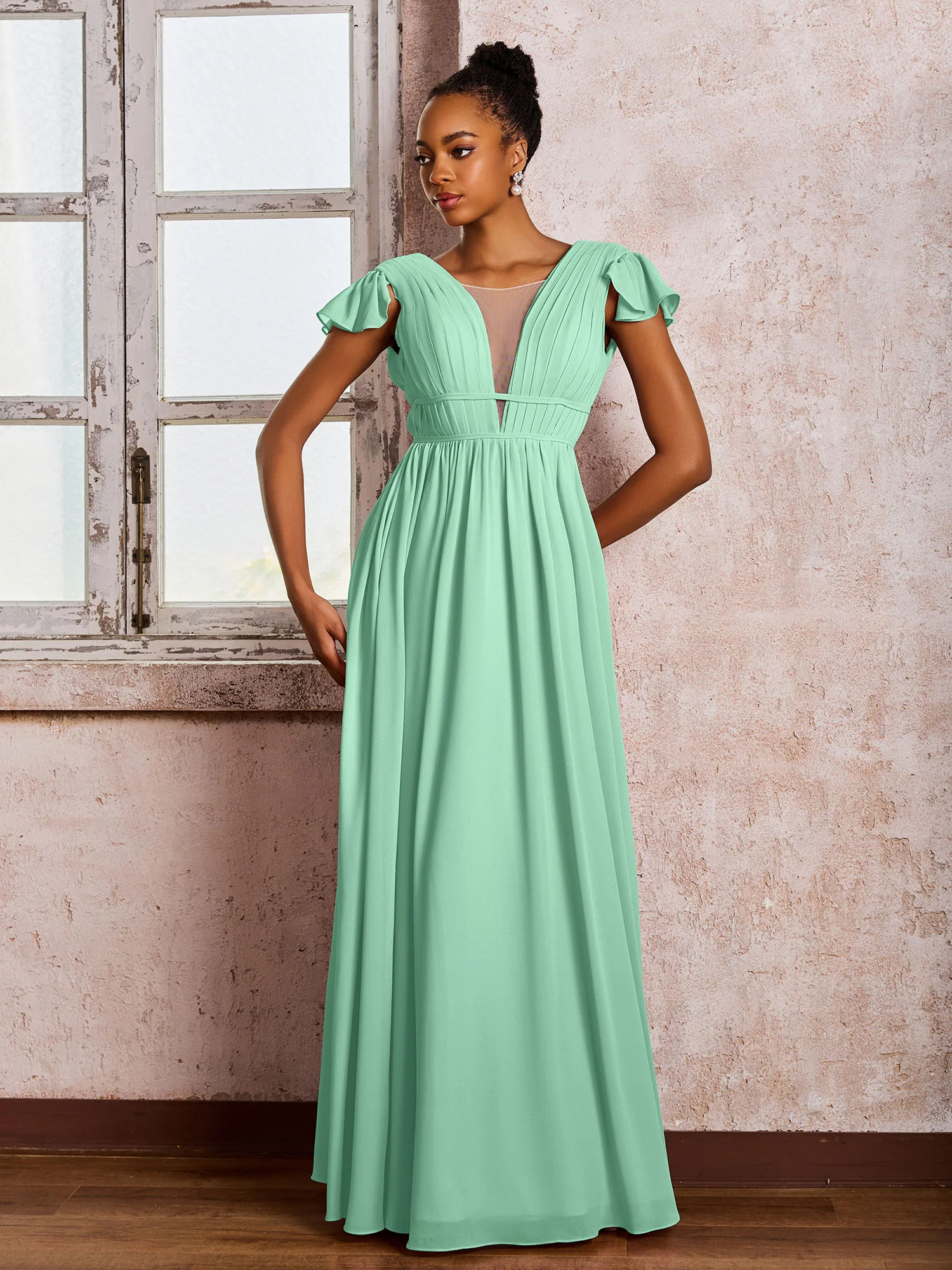 Flutter Sleeves Plunging V-neck Pleated A-line Dresses with Belt Mint Green - Image 3