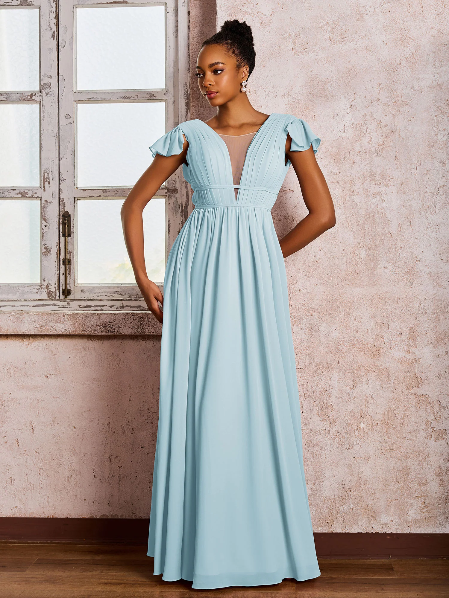 Flutter Sleeves Plunging V-neck Pleated A-line Dresses with Belt Mist - Image 3