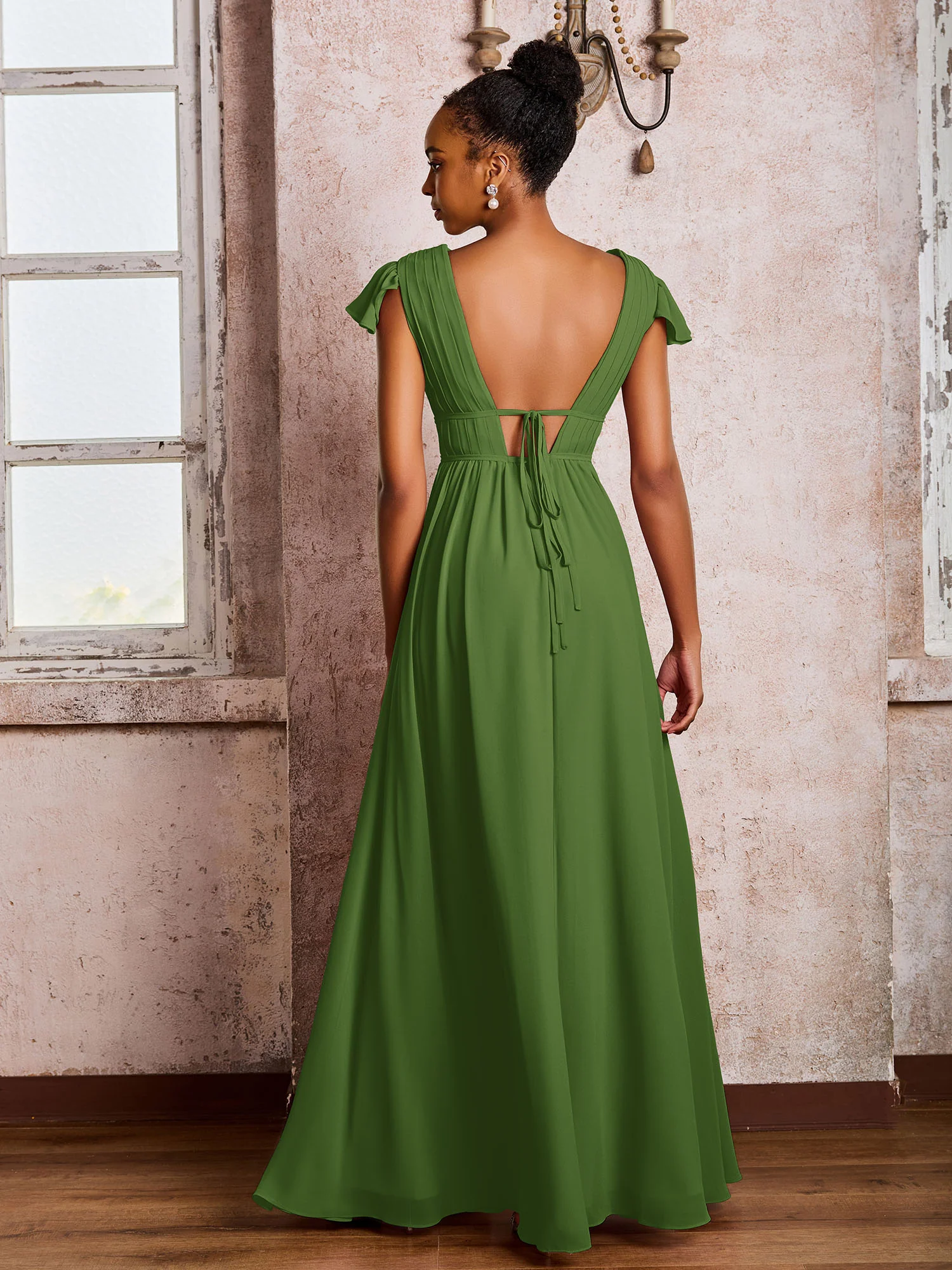 Flutter Sleeves Plunging V-neck Pleated A-line Dresses with Belt Moss - Image 2