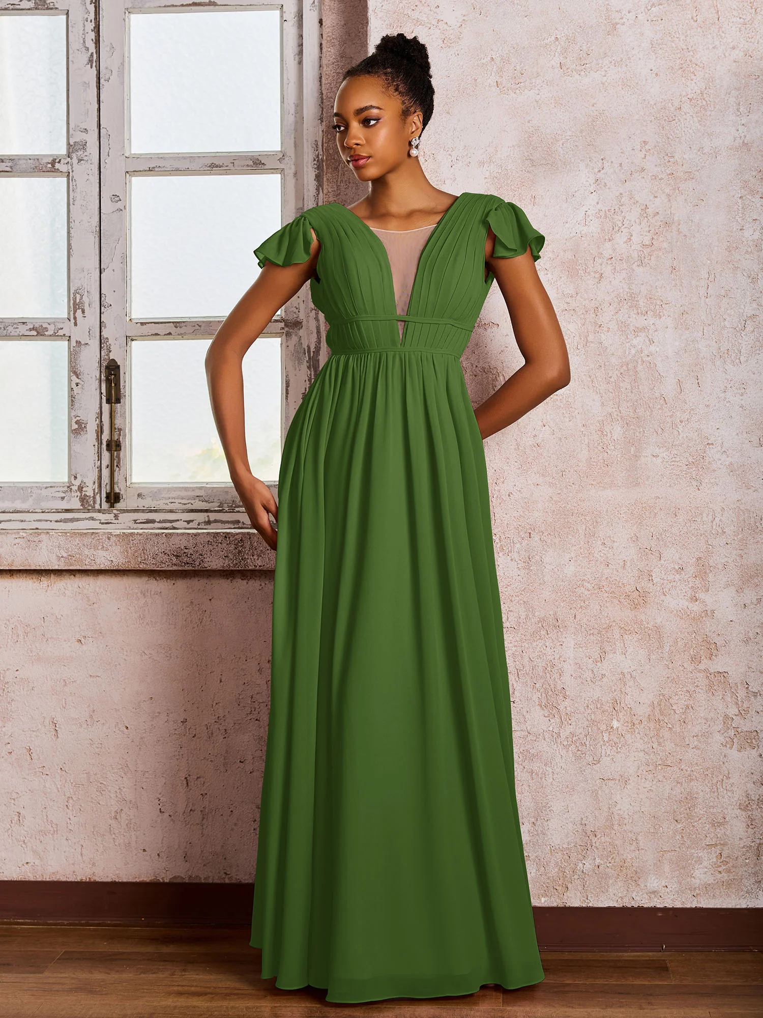 Flutter Sleeves Plunging V-neck Pleated A-line Dresses with Belt Moss - Image 3