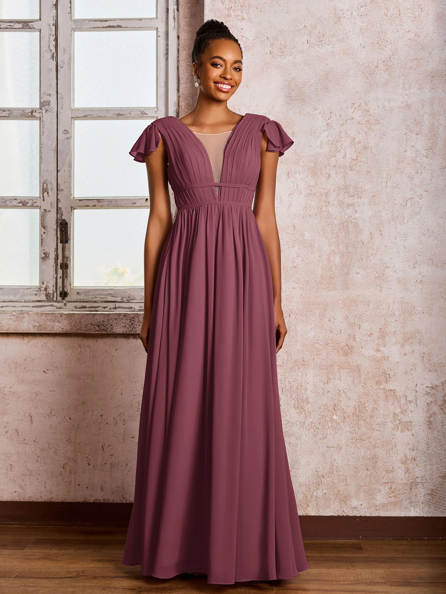 Flutter Sleeves Plunging V-neck Pleated A-line Dresses with Belt Mulberry