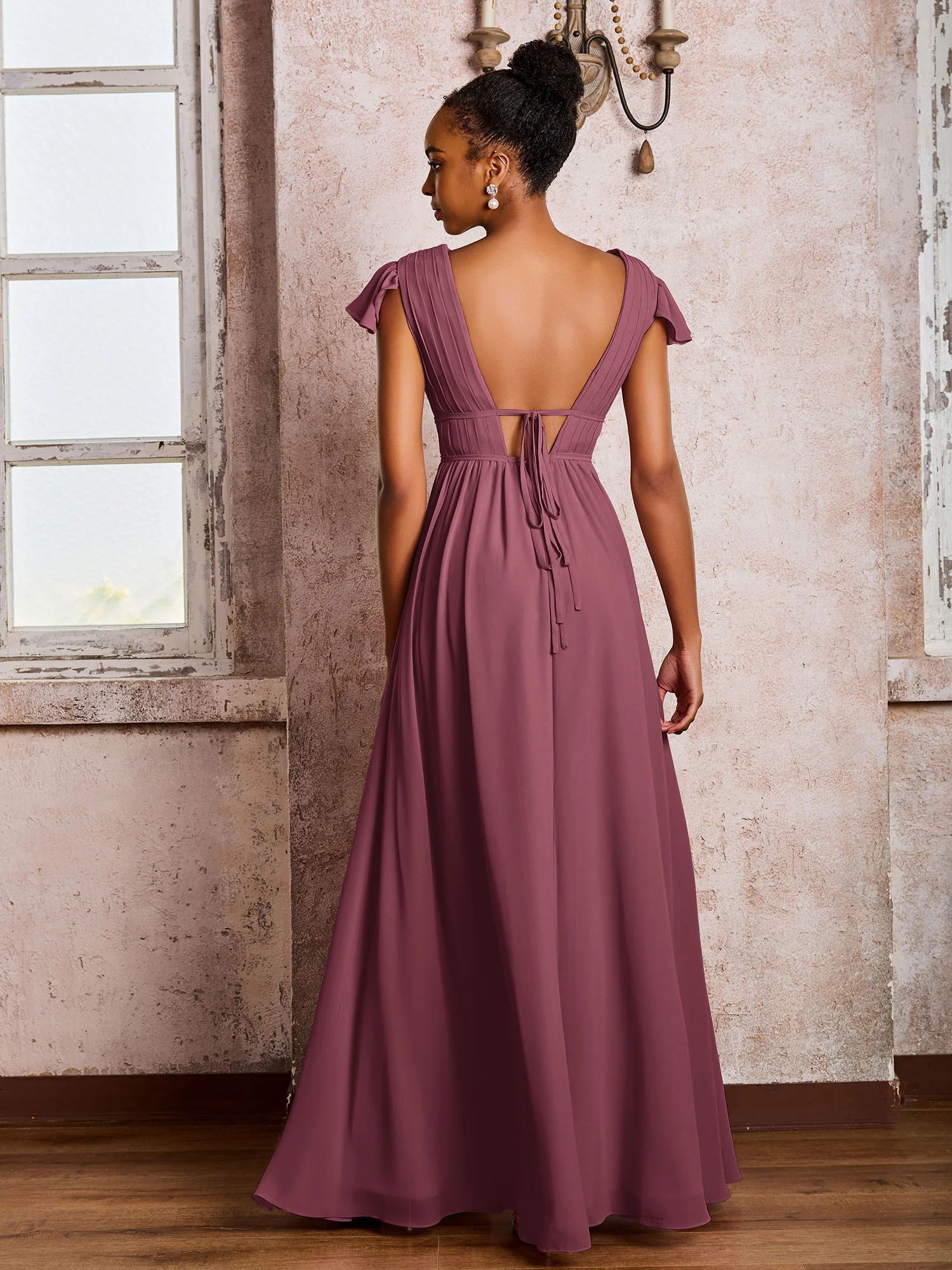 Flutter Sleeves Plunging V-neck Pleated A-line Dresses with Belt Mulberry - Image 2