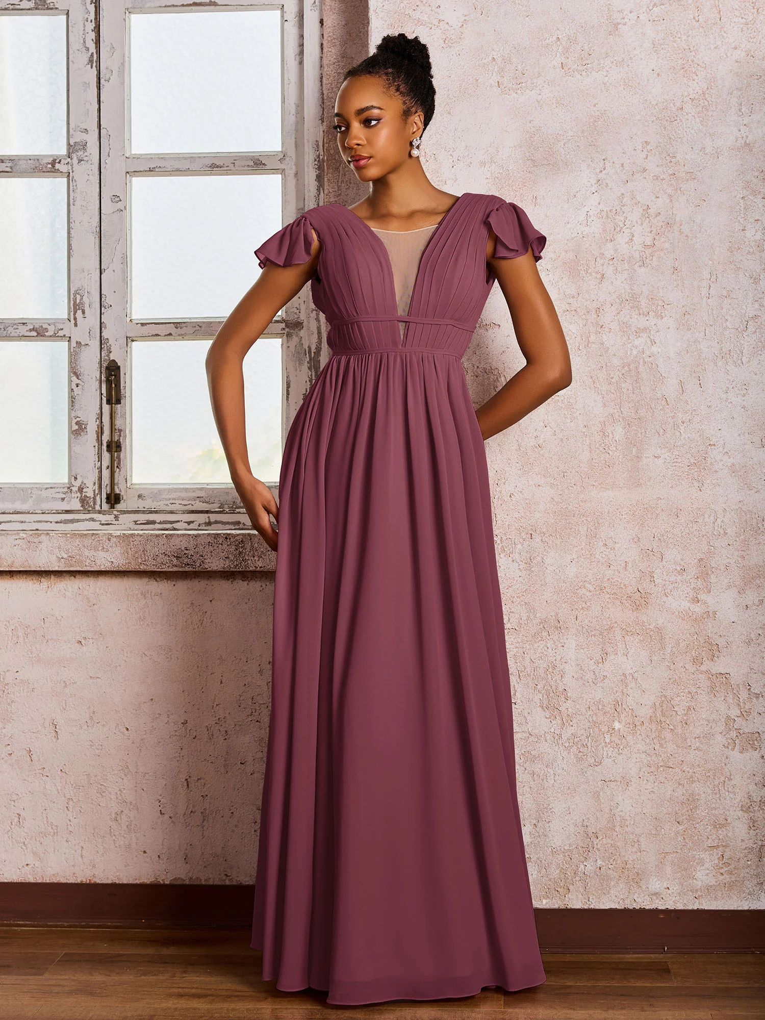 Flutter Sleeves Plunging V-neck Pleated A-line Dresses with Belt Mulberry - Image 3