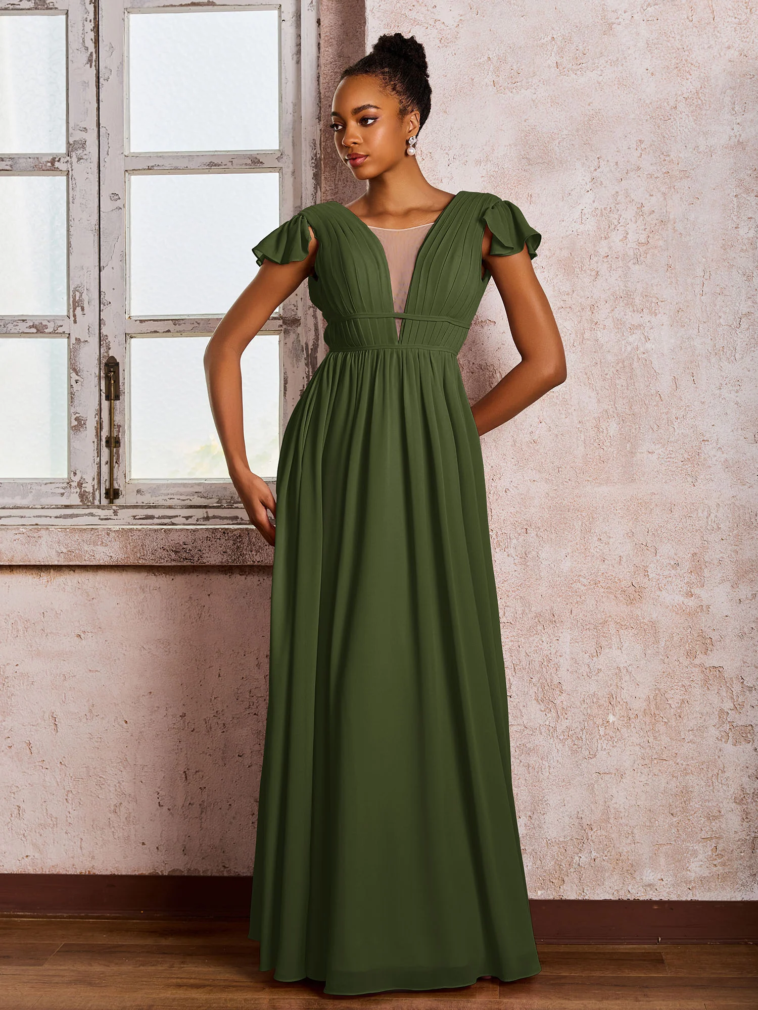 Flutter Sleeves Plunging V-neck Pleated A-line Dresses with Belt Olive Green - Image 3