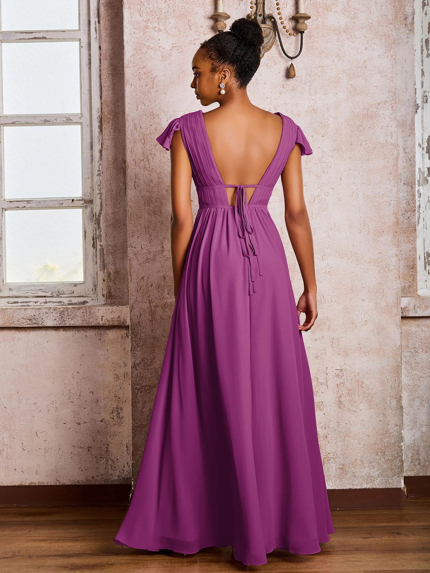 Flutter Sleeves Plunging V-neck Pleated A-line Dresses with Belt Orchid - Image 2