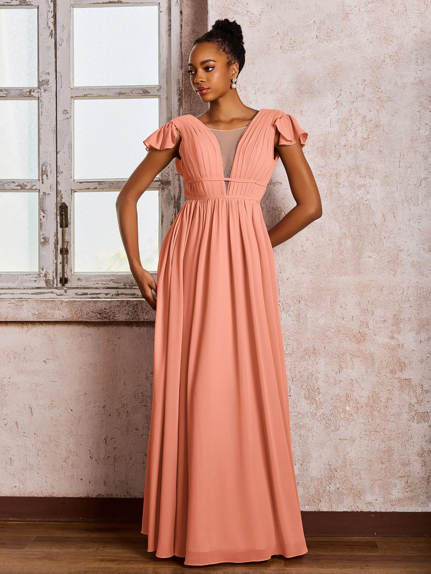 Flutter Sleeves Plunging V-neck Pleated A-line Dresses with Belt Papaya - Image 3