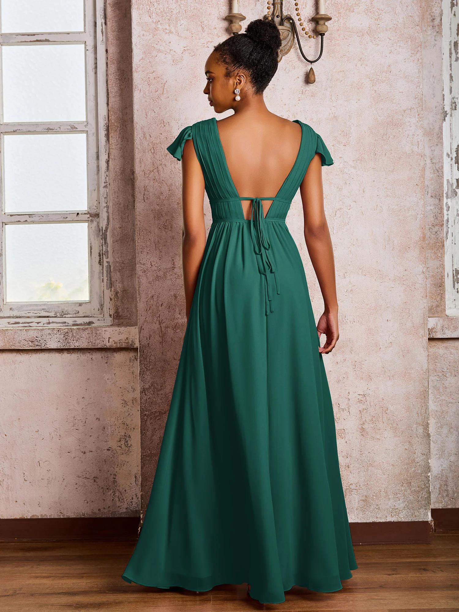 Flutter Sleeves Plunging V-neck Pleated A-line Dresses with Belt Peacock - Image 2