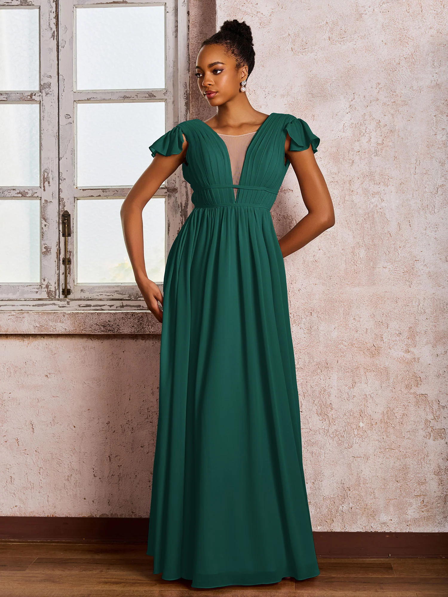 Flutter Sleeves Plunging V-neck Pleated A-line Dresses with Belt Peacock - Image 3