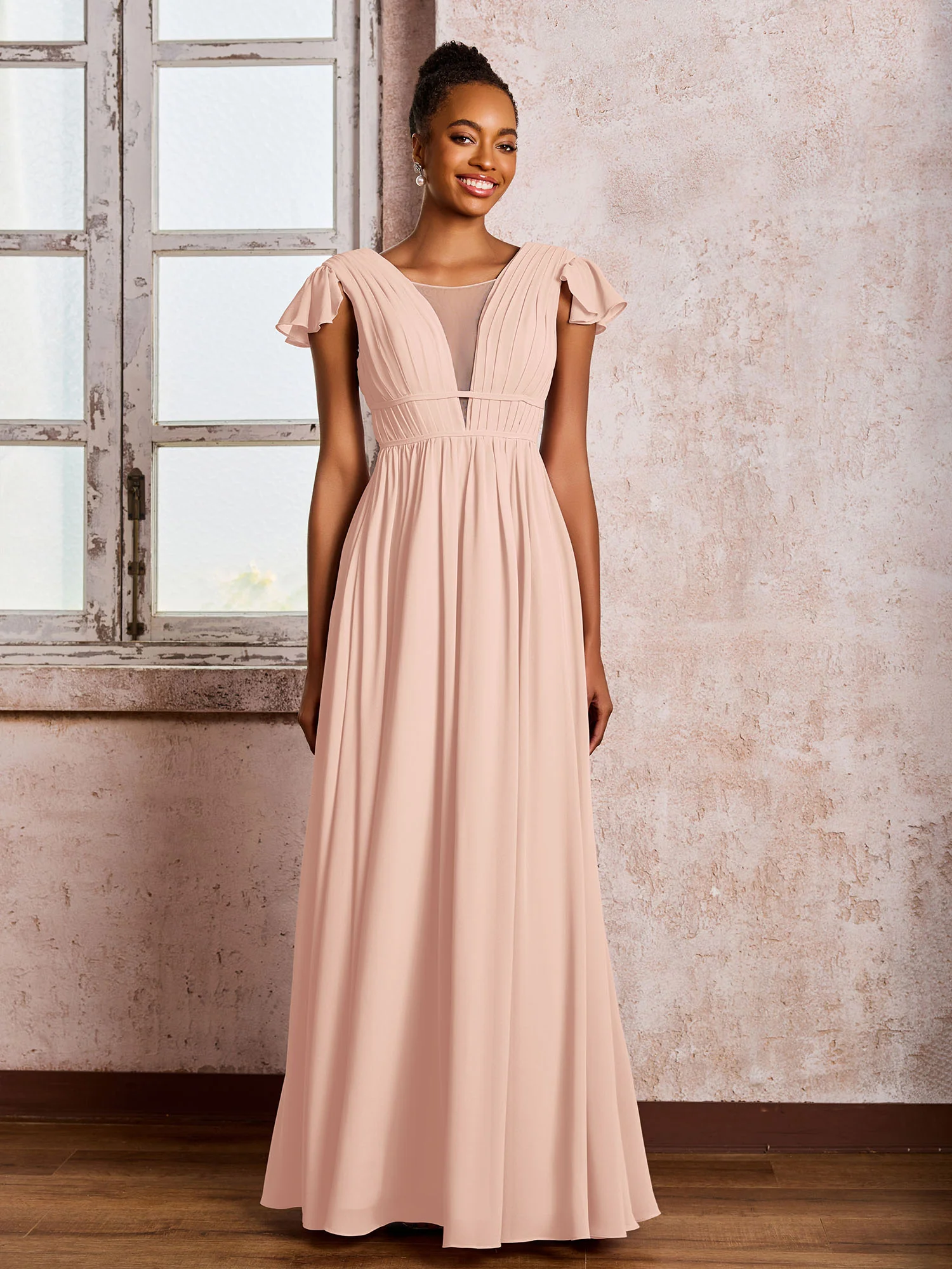 Flutter Sleeves Plunging V-neck Pleated A-line Dresses with Belt Pearl Pink