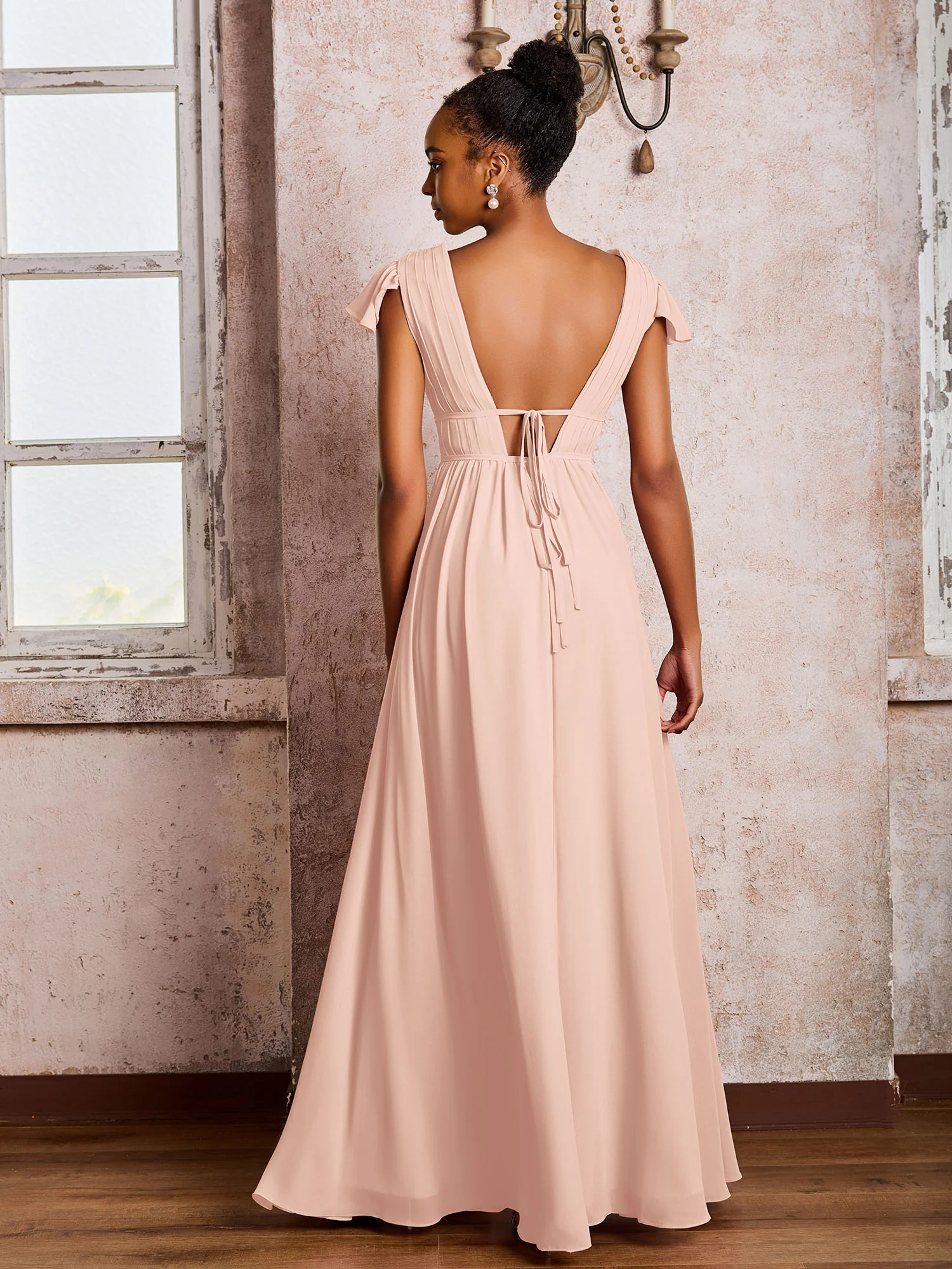 Flutter Sleeves Plunging V-neck Pleated A-line Dresses with Belt Pearl Pink - Image 2
