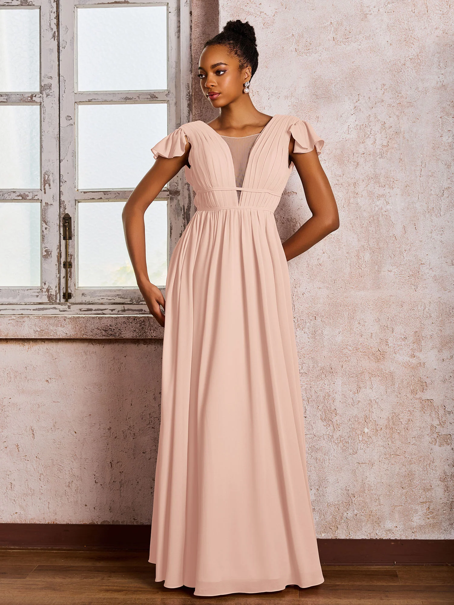 Flutter Sleeves Plunging V-neck Pleated A-line Dresses with Belt Pearl Pink - Image 3